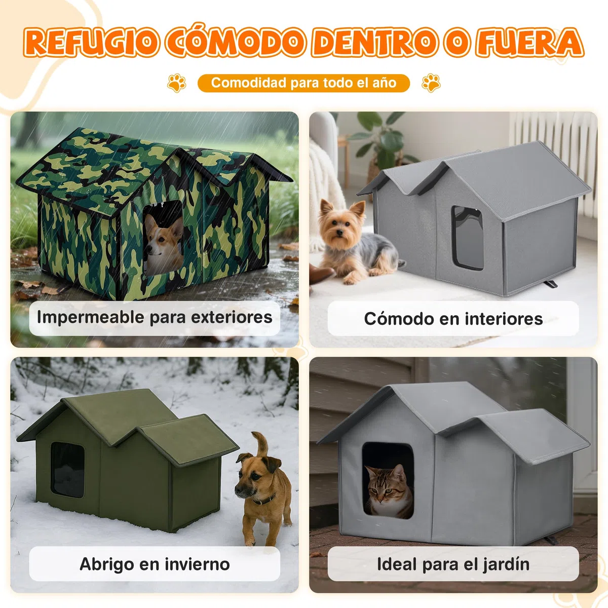 ALLSOPETS Casa para Gatos Exterior Impermeable, Caseta Gato Plegable y Resistente a la Intemperie, Refugio Cálido para Gatos o Perros Pequeños Interior y Exterior (Verde Bosque)