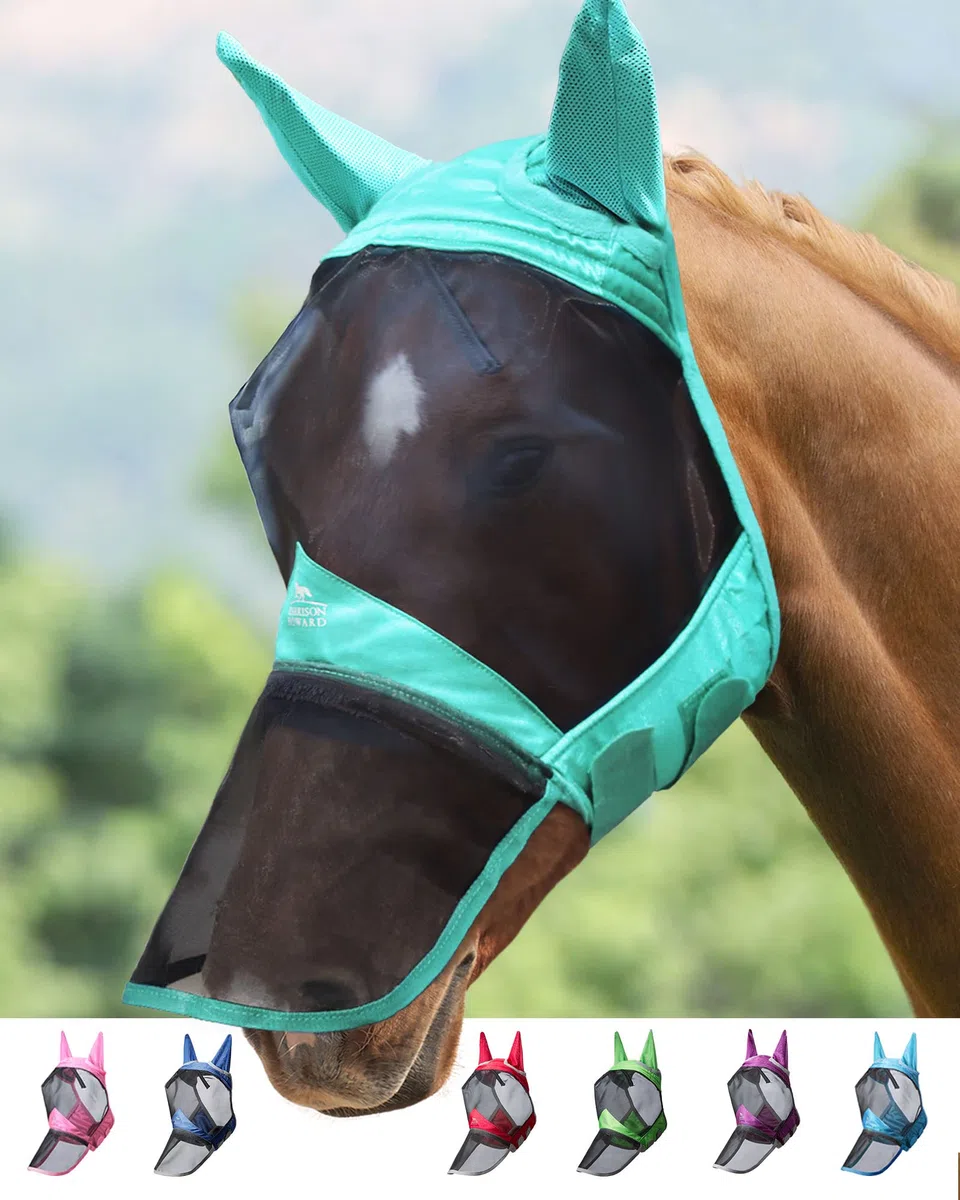 Harrison Howard CareMaster Pro Luminous Máscara de Mosca de Caballo Nariz Larga con Orejas Protección UV para Caballo-Menta de Verano (M)