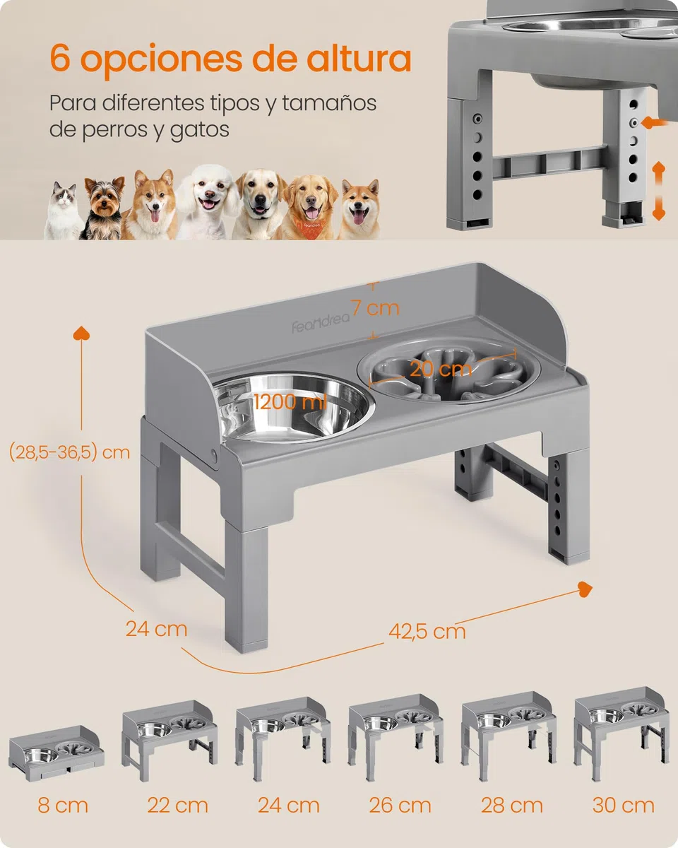 Feandrea Comedero Elevado para Perros con Soporte, 1 Comedero Lento y 2 Comederos de Acero Inoxidable 304, Altura Ajustable y Diseño Inclinado, Gris Paloma PRB103GD01
