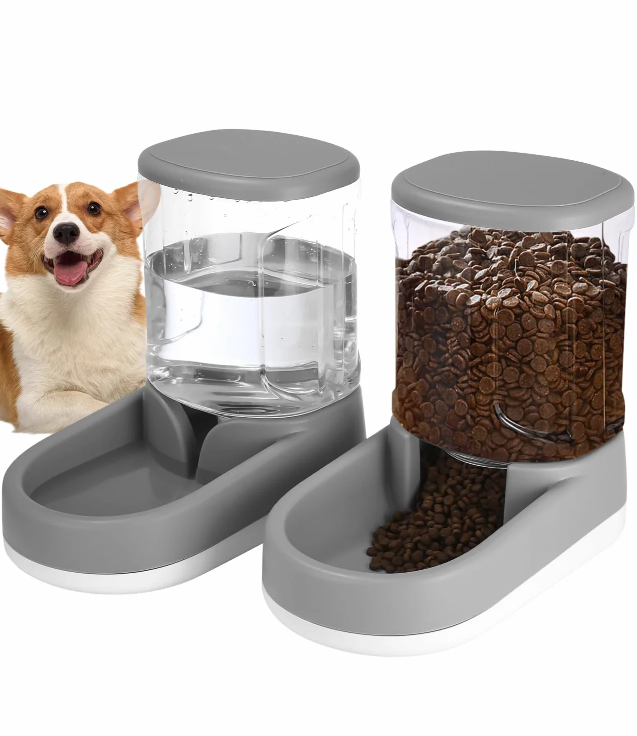 Gatos Perros Riego automático y alimentador, 3.5L x 2 Piezas, Dispensador Comida Gatos, Comedero Perro Automatico, Dispensador Agua Perro, para Perros y Gatos pequeños Grandes y medianos (Gris)