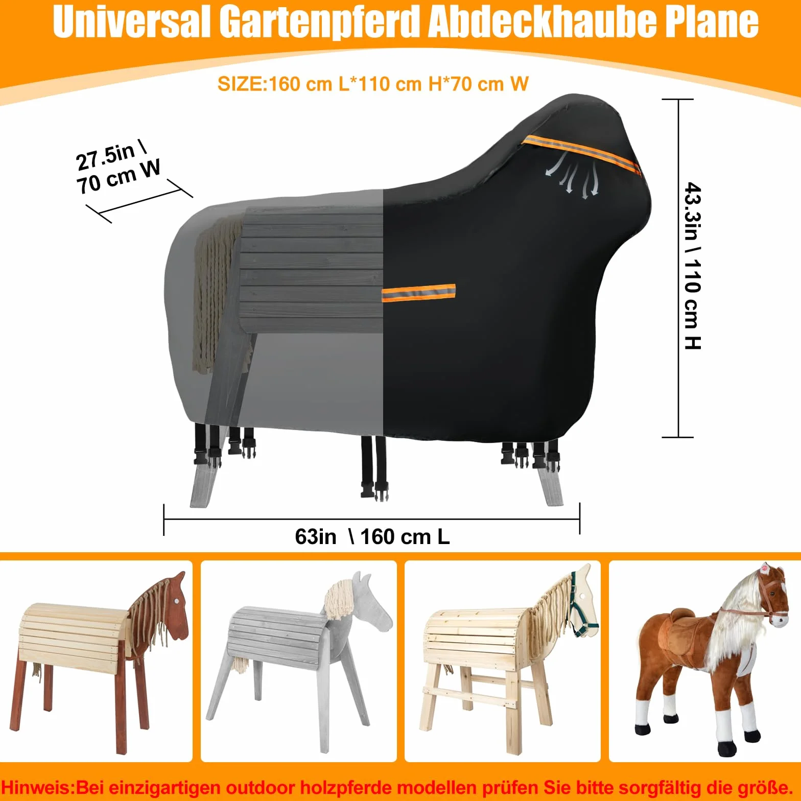 Cubierta para caballo de madera impermeable al aire libre, 420D Oxford caballo de madera para exteriores, lona protectora resistente a los rayos UV, universal, lona de jardín con rayas impermeables y