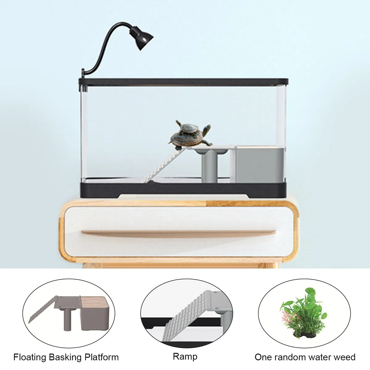 Vivario para tortugas, acuario para tortugas con plataforma flotante, terrario para reptiles con luz de baño, hogar para tortugas fácil de limpiar y cambiar el agua, para cangrejos 40x22x23cm