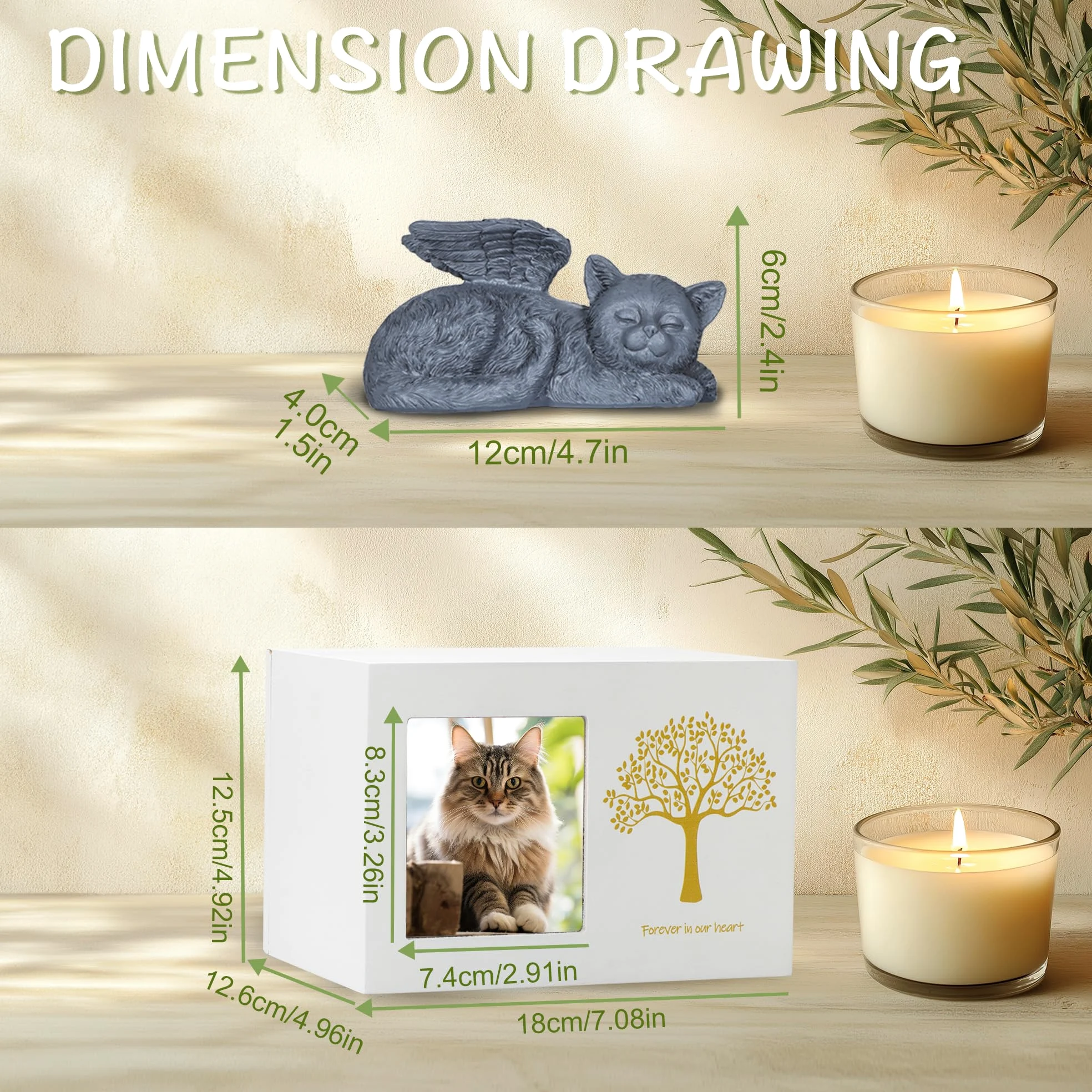 Cajas de cremación para mascotas, urna blanca de madera para restos, incluye estatua de ángel de gato de resina y bolsa