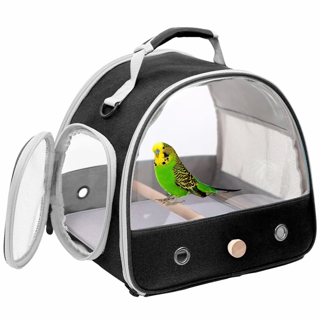 Transportador de viaje para pájaros pequeños, jaula portátil para loros, periquitos, periquitos, cacatúas con alfombrilla suave y soporte de madera (negro)