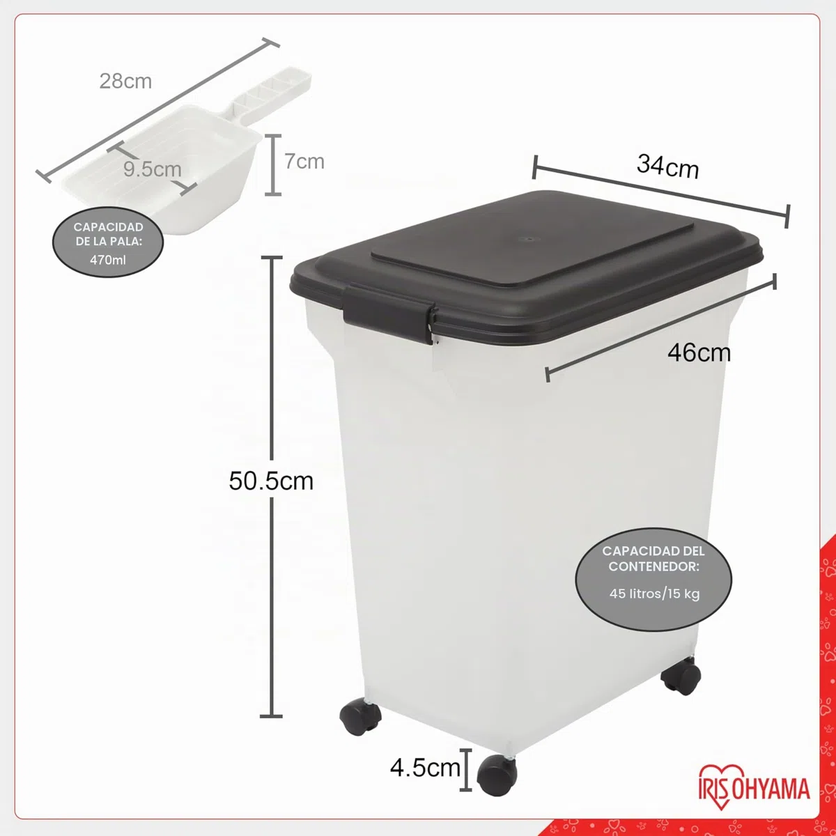 Iris Ohyama Contenedor pienso con ruedas, 45L/15kg, Negro, Contenedor comida perro, Pienso gatos, Hermética, para Mascotas, Transparente, Pet Food Container, Dog Food Storage, Libre de BPA, ATS-L