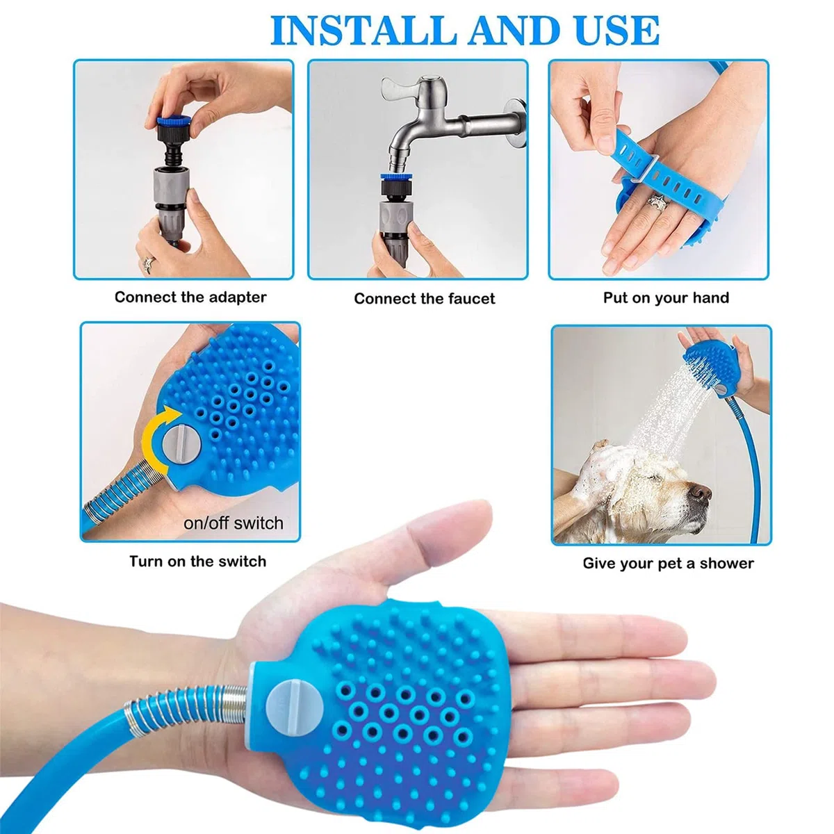 2 en 1 Kit ducha para perros gatos, Alcachofa de ducha para mascotas, Herramienta de baño para mascotas con cepillo, manguera de PVC de 2m y 2 adaptadores de manguera para perros y gatos
