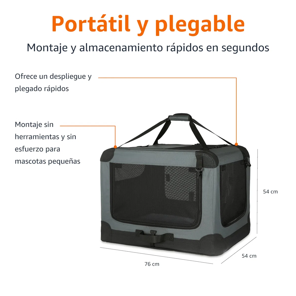 Amazon Basics Transportín portátil plegable de 4 puertas para perros y gatos, Gris, M 76 cm x 54 cm x 54 cm