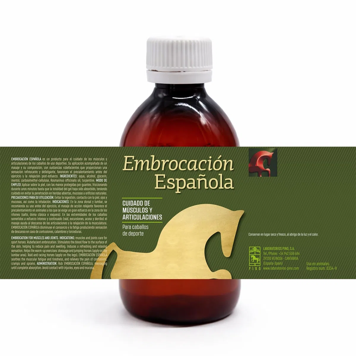 LABORATORIOS PINO Embrocación Española Analgésico Externo para Caballos – Trastornos Osteoarticulares, Musculares y Afecciones Respiratorias Leves – Acción Balsámica – Envase 250 ml