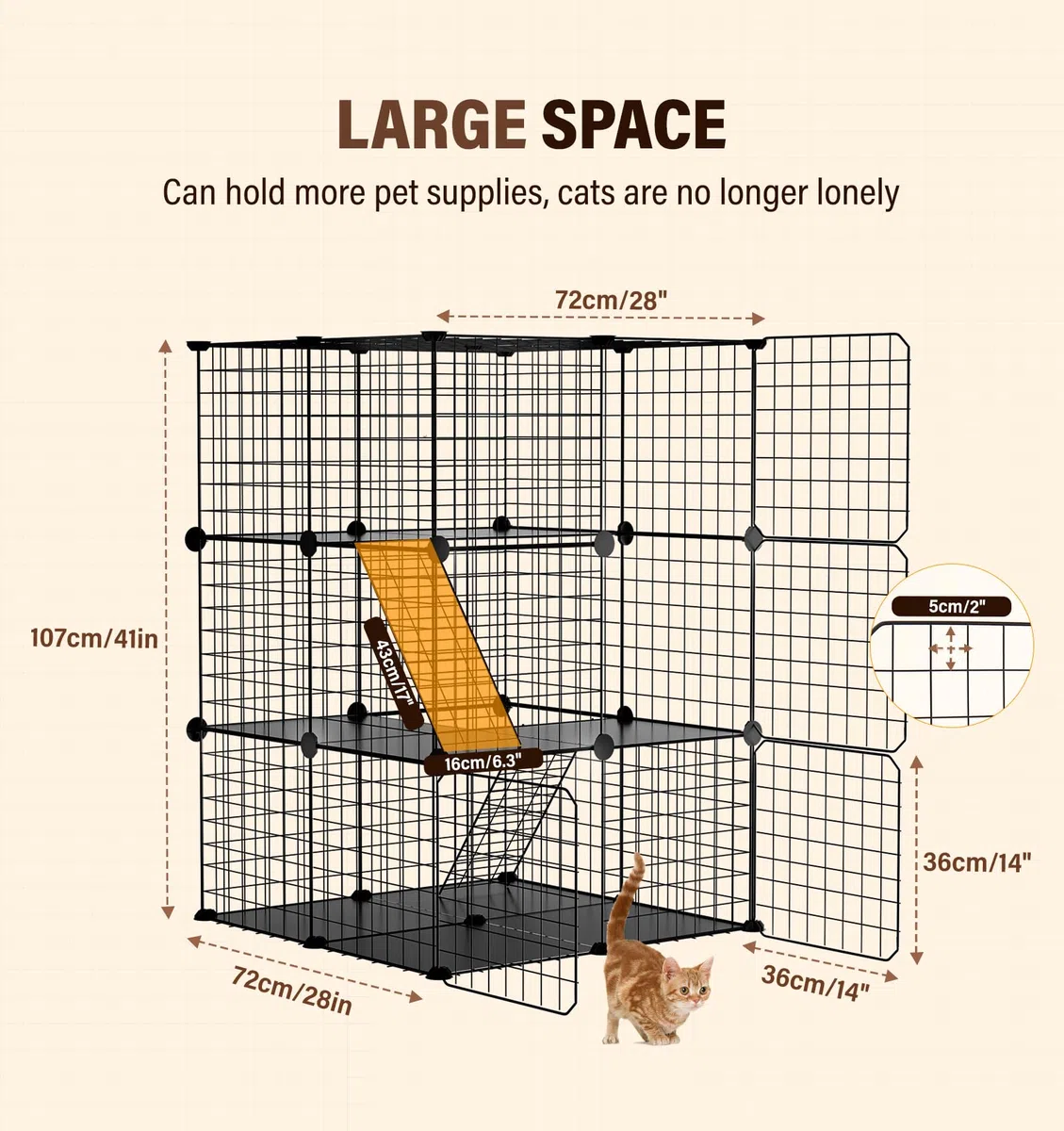 The Fellie Jaula para gatos para interiores, caja de parque de juegos de 3 niveles, jaula para gatos, corralito desmontable de alambre de metal, lugar de ejercicio grande ideal para 1-2 gatos,