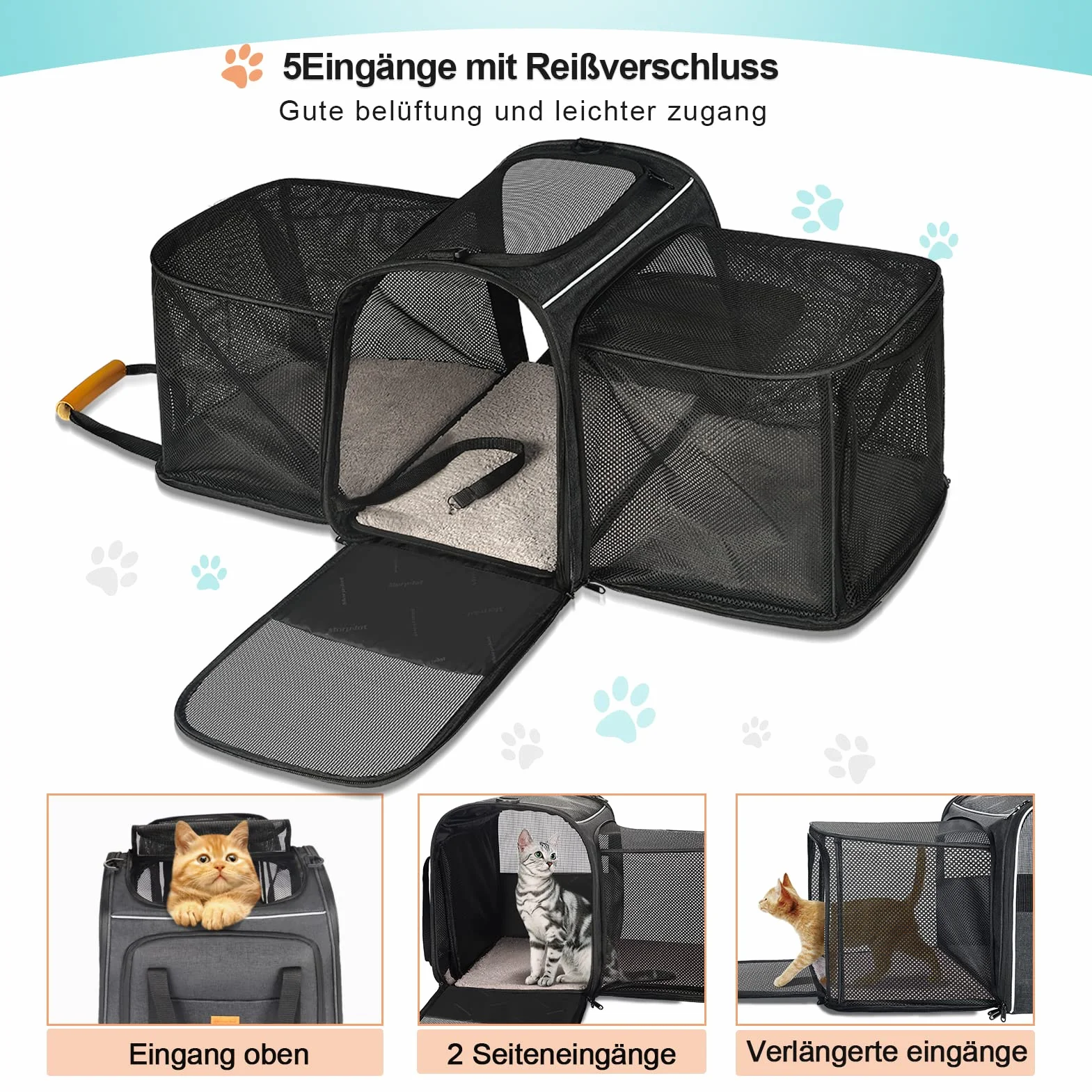 Morpilot Transportador para Gatos, Bolso expandible de 2 Lados para Gatitos y Cachorros de hasta 7 kg, Bolso Plegable de Viaje para Gatos Aprobado por la aerolínea con Almohadilla Lavable 45x36x30cm