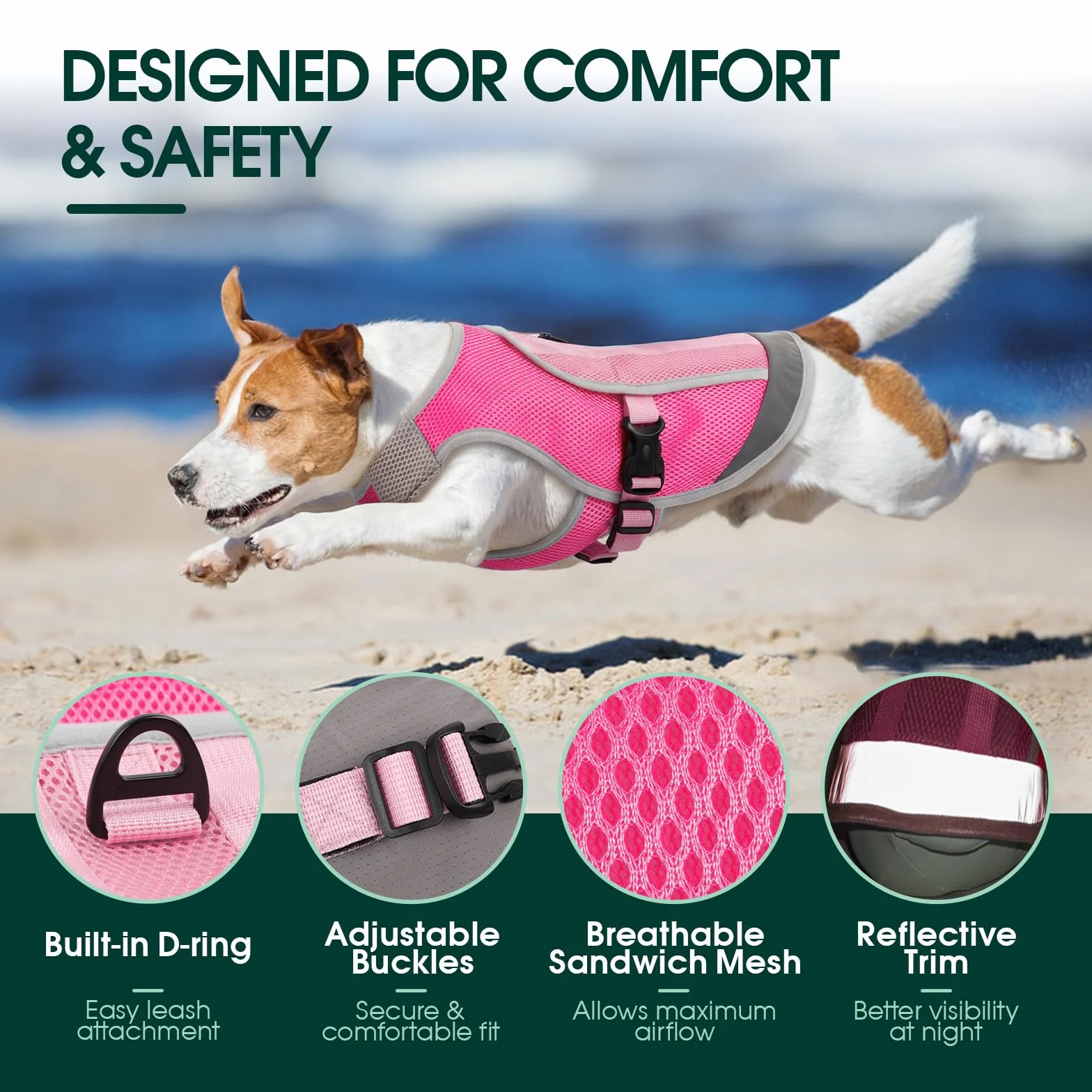 KUOSER Chaleco Fresco Para Perros Con Hebilla Ajustable En El Pecho Y Anillo En D, Chaqueta Refrescante Ligera Para Verano, Rosa, Talla Grande