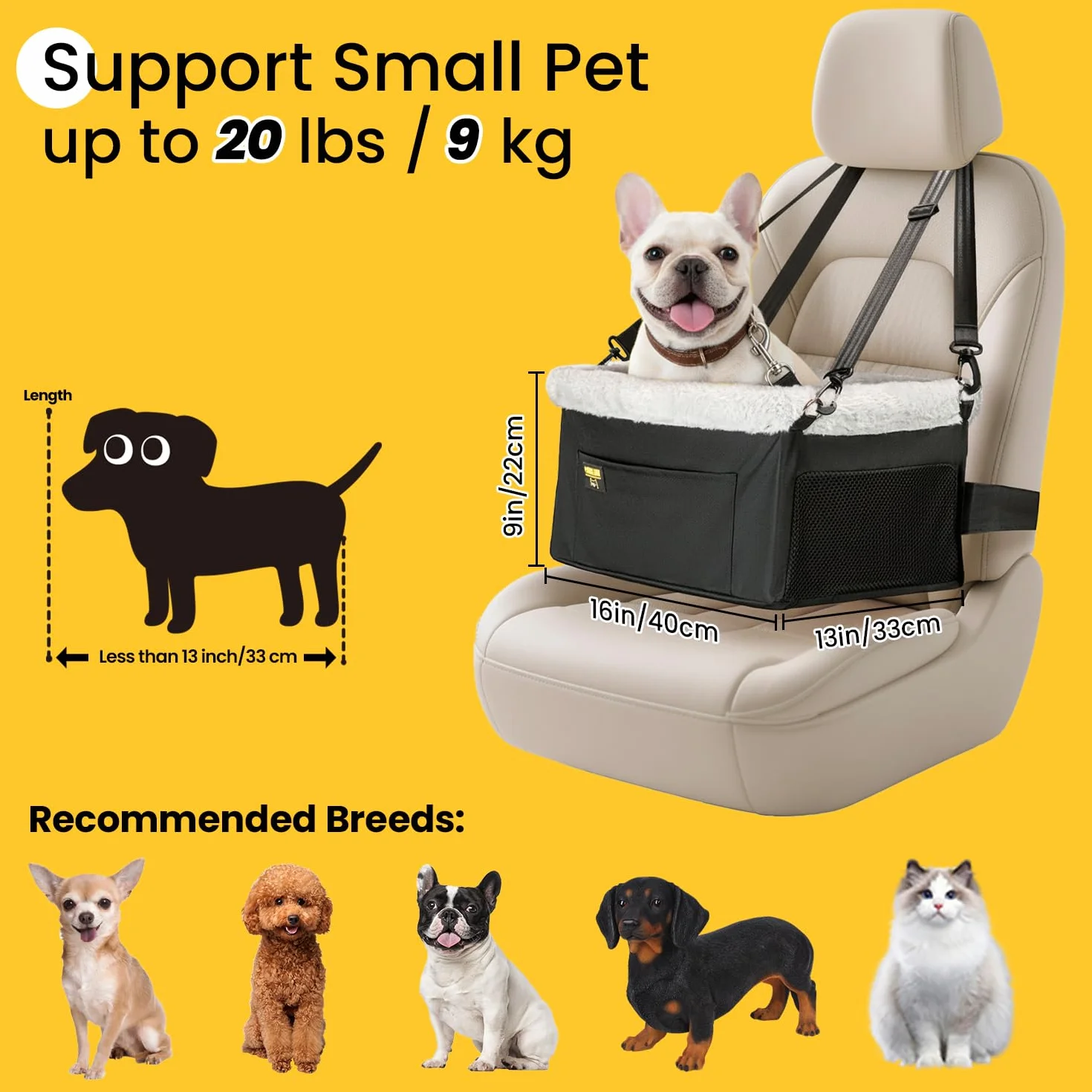 Conlun Asiento Coche Perro Pequeño y Gatos (hasta 9 kg) - Asiento Elevador Perro con Cinturón de Seguridad - Silla Coche Mascotas Plegable con Estructura de Acero (40x33x22 cm)