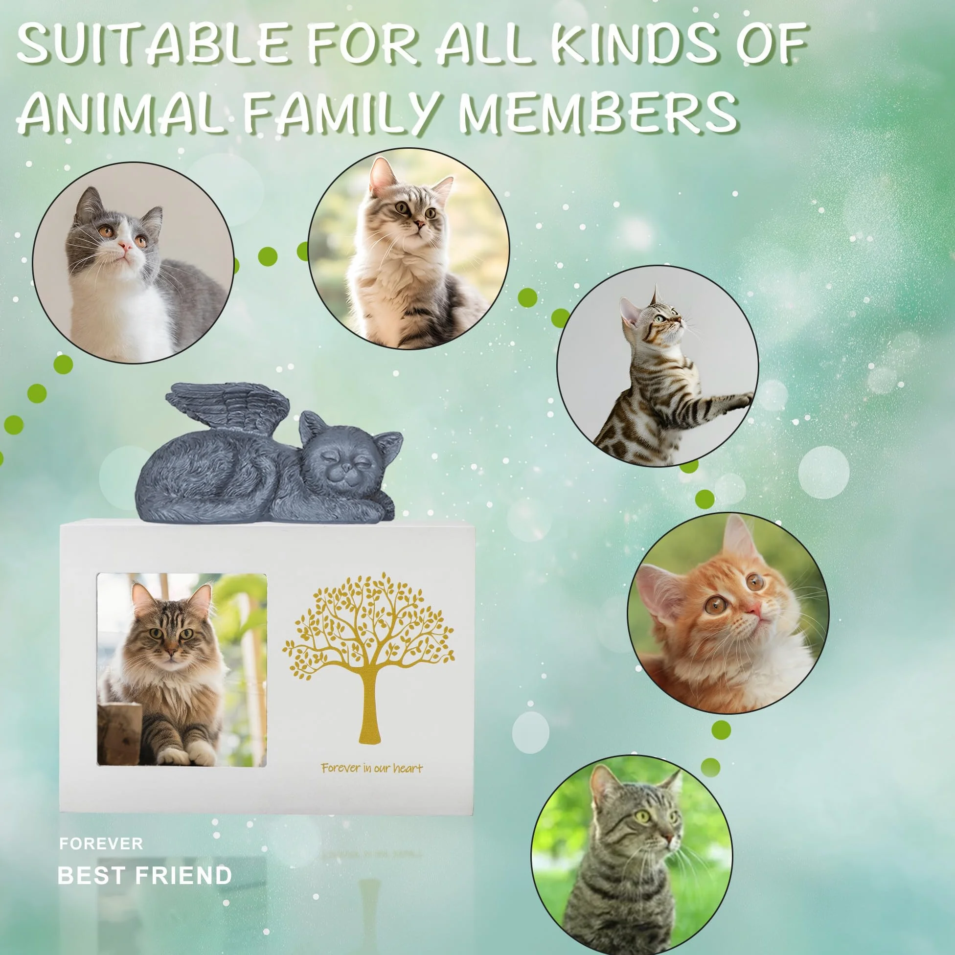 Cajas de cremación para mascotas, urna blanca de madera para restos, incluye estatua de ángel de gato de resina y bolsa