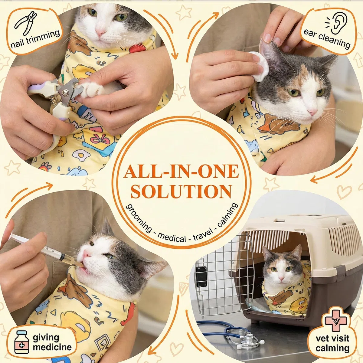 Bolsa de Aseo para Gatos Corta Uñas Gato, Envoltorio de Sujeción Extra Grande 70x70cm de Poliéster, Manta para Limpieza de Oídos y Medicación, Diseño Graffiti
