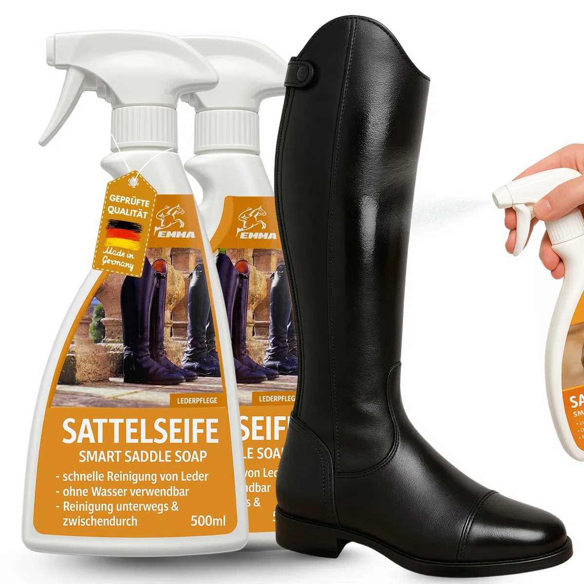 EMMA Jabón para sillas de Montar I Spray para el Cuidado del Cuero I Grasa incolora I Bálsamo I Limpiador I Cuidado del Calzado de la Silla de Montar I Cuidado de Las herraduras del Caballo 2 * 500m