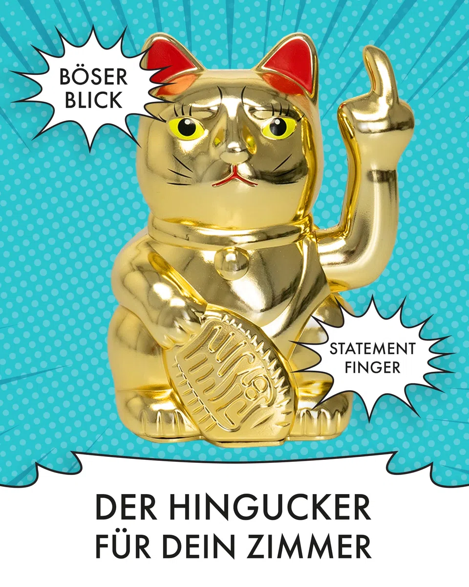 ANGRY CAT - Gato de guiño Lucky Cat - Gato Divertido Que Llama - Gato japonés - Artículo Decorativo de Gato - Brazo de ángulo - 15 cm - Oro