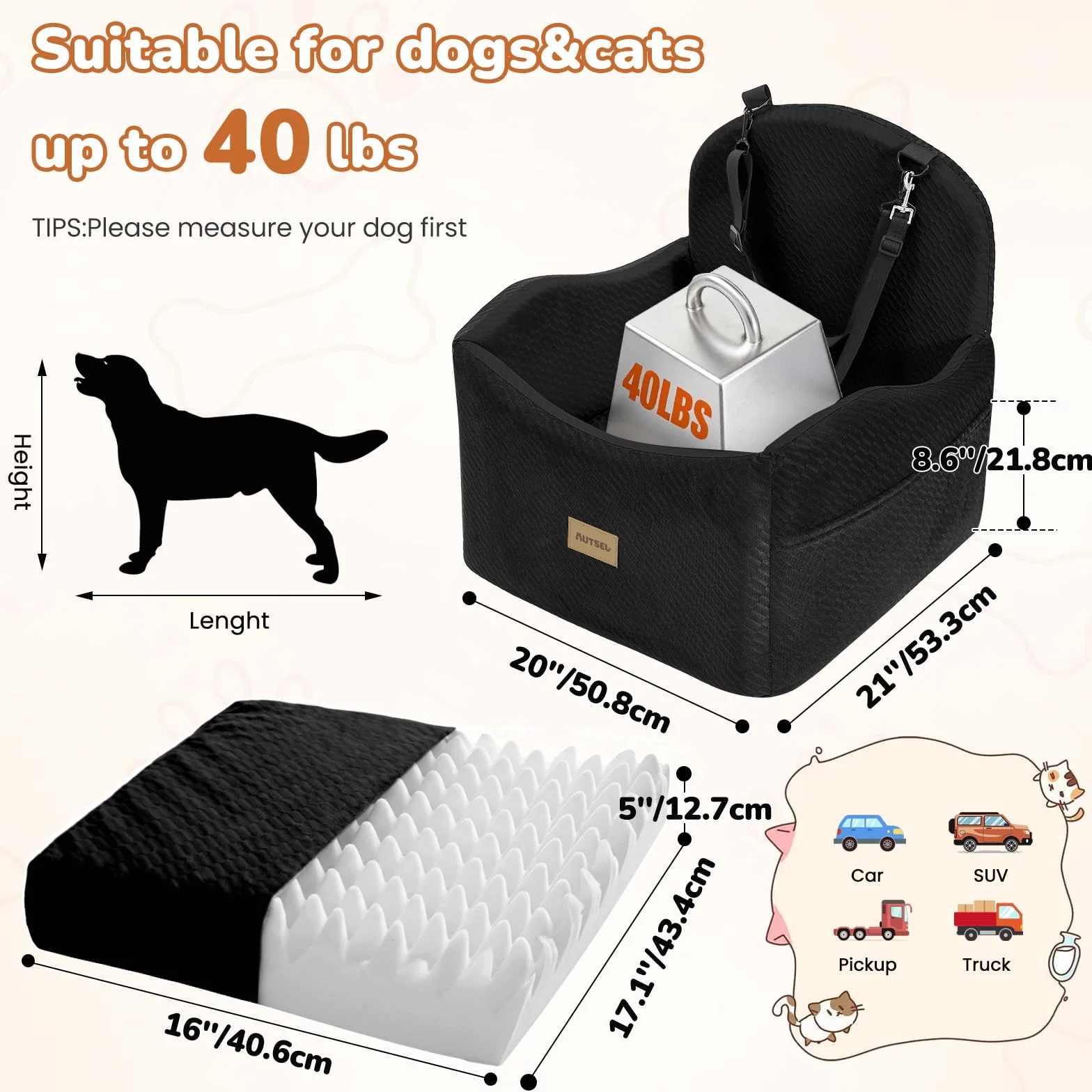 Asiento de Coche para Perros Medianos y Pequeños – Elevador Impermeable y Lavable con Arnés, Bolsillos y Base Antideslizante, para Asiento Trasero o Delantero, Negro