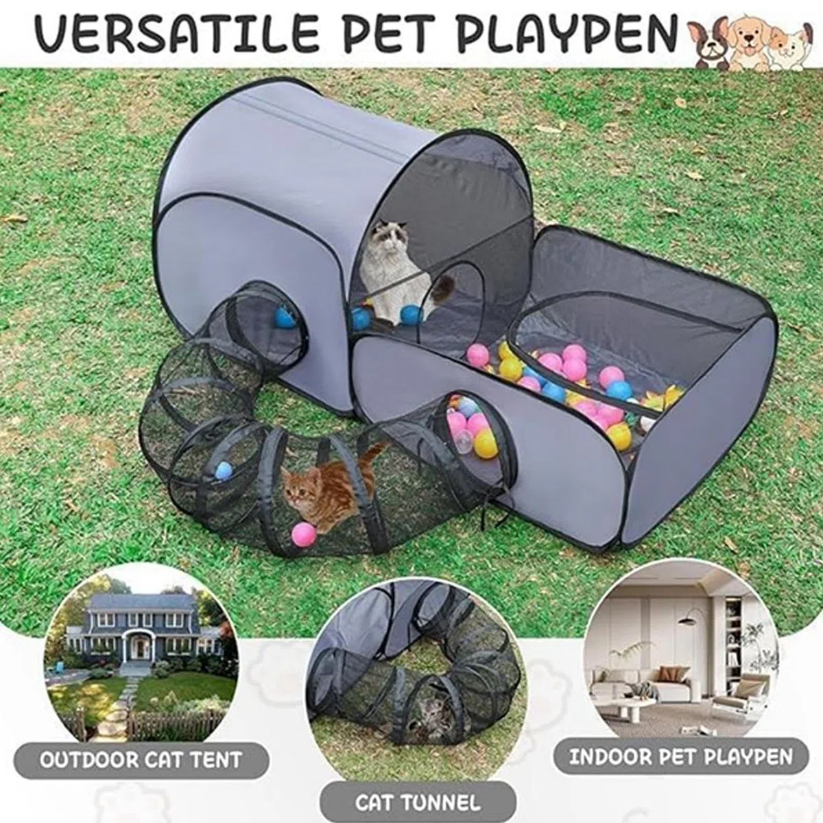 Corral de Juego para, Corral Plegable para con túnel, Tienda portátil para Perros y, Sala de Actividades para Ejercicio para Mascotas, casa de recinto, Juguetes interactivos, casa de