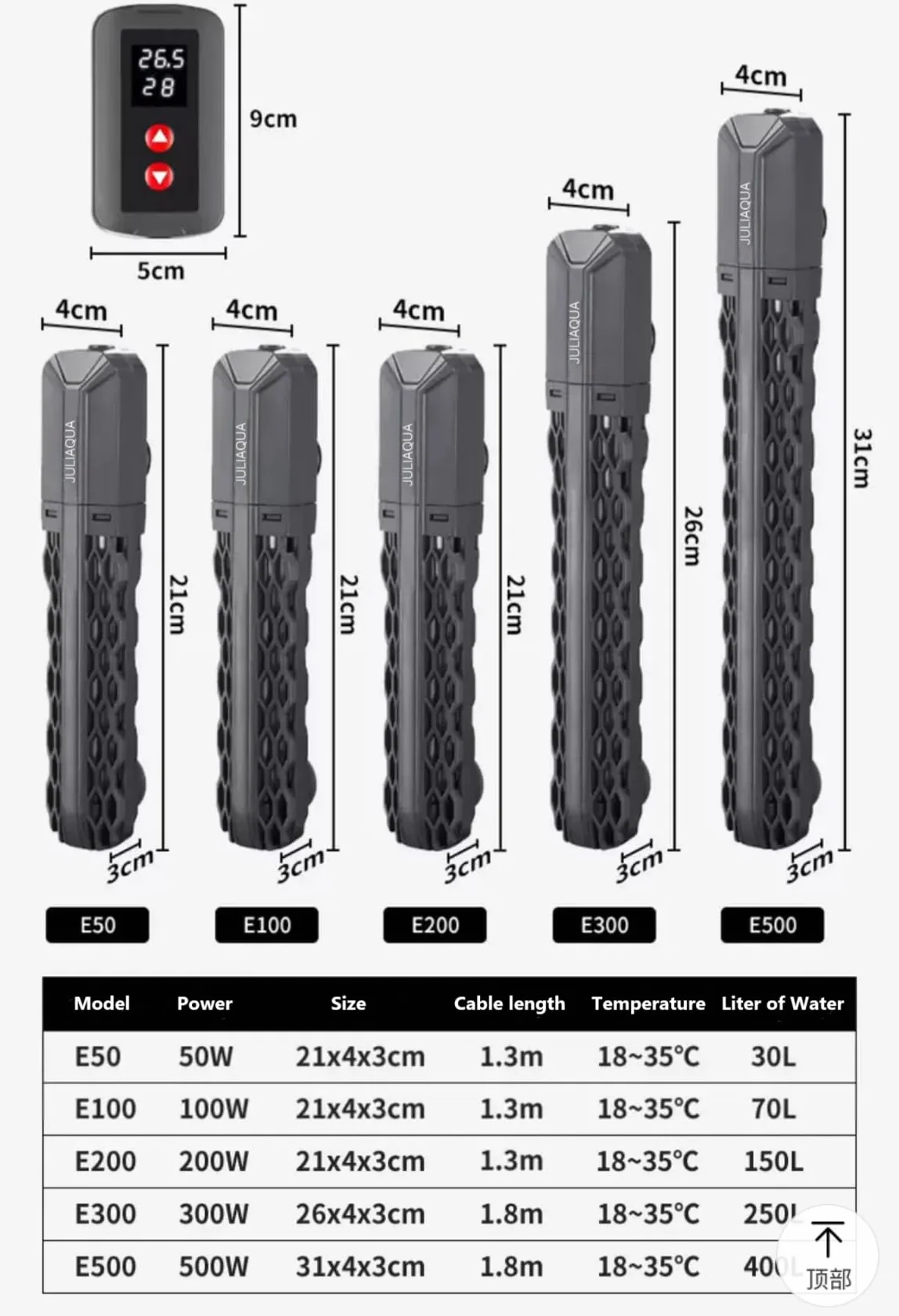Calentador de Acuario con Pantalla de Temperatura Eco Calentador Ajustable 25W/50W/100W/200W/300W/500W (E-50W)