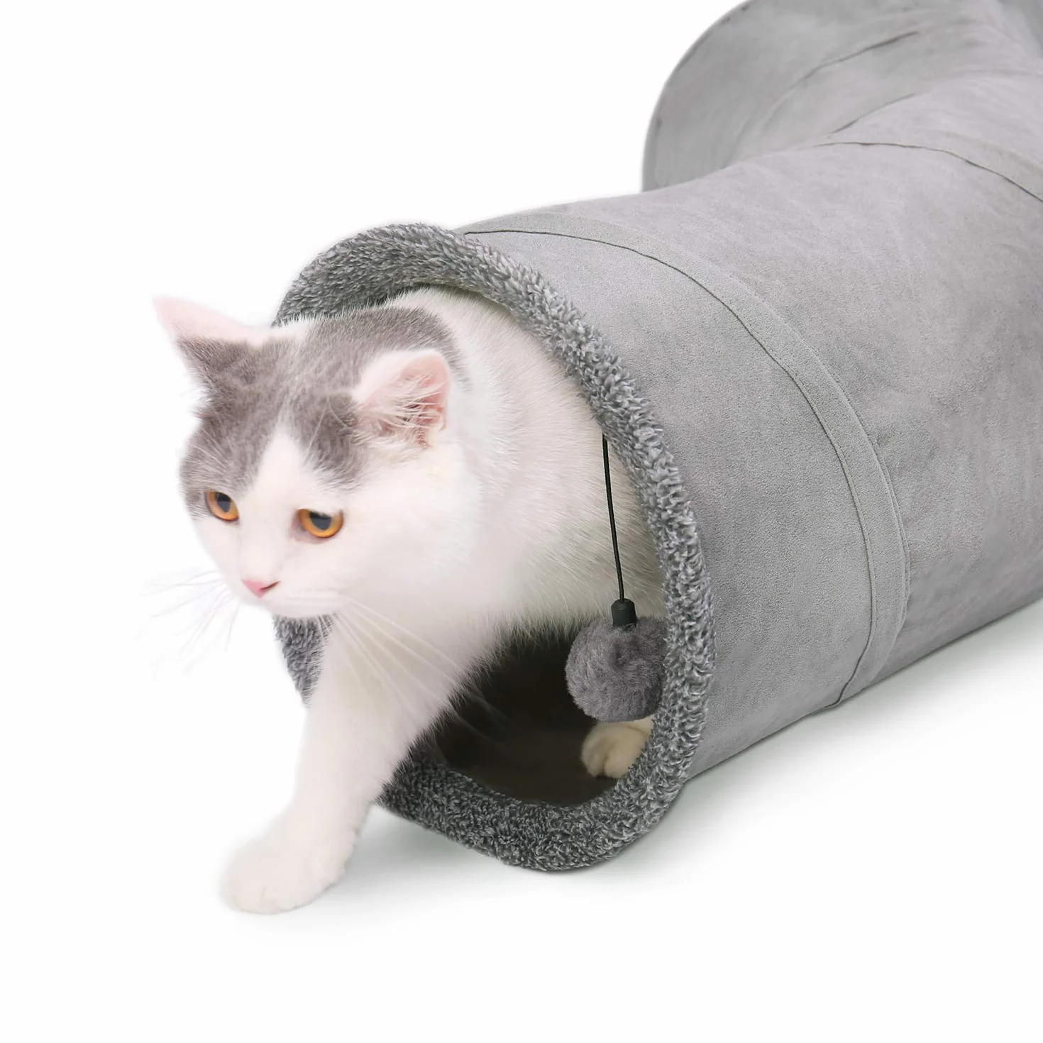 OHANA Juguete Plegable túnel de Gato en Gamuza, Gran túnel para Gato de Interior Conejos con 2 Agujeros y Bola suspendida - Forma S