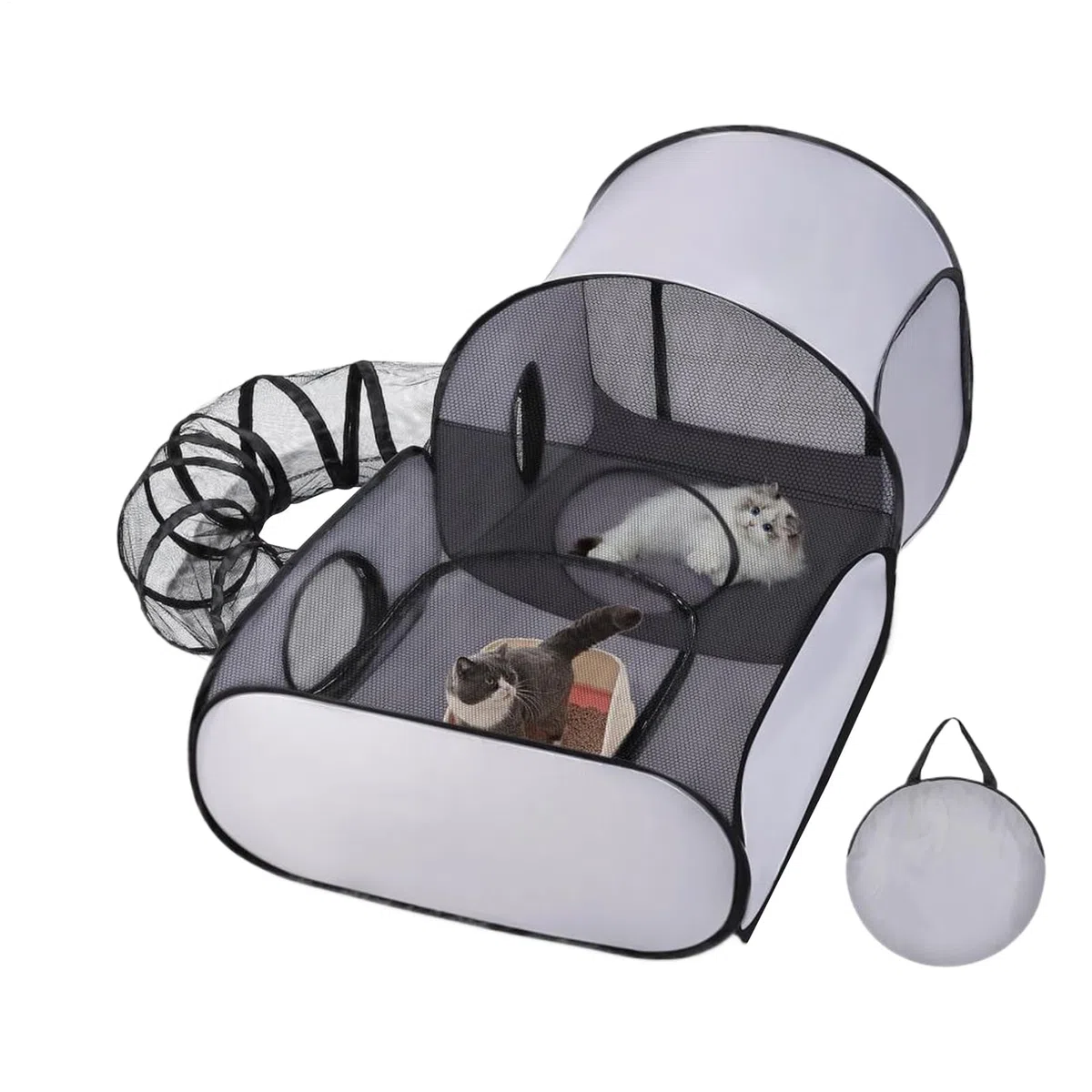Parque Plegable para Gatos con Túnel, Tienda de Campaña para Gatos de Interior Exterior con Malla Transpirable, Parque Plegable para Mascotas Animales Pequeños para Camping Viajar Jardín