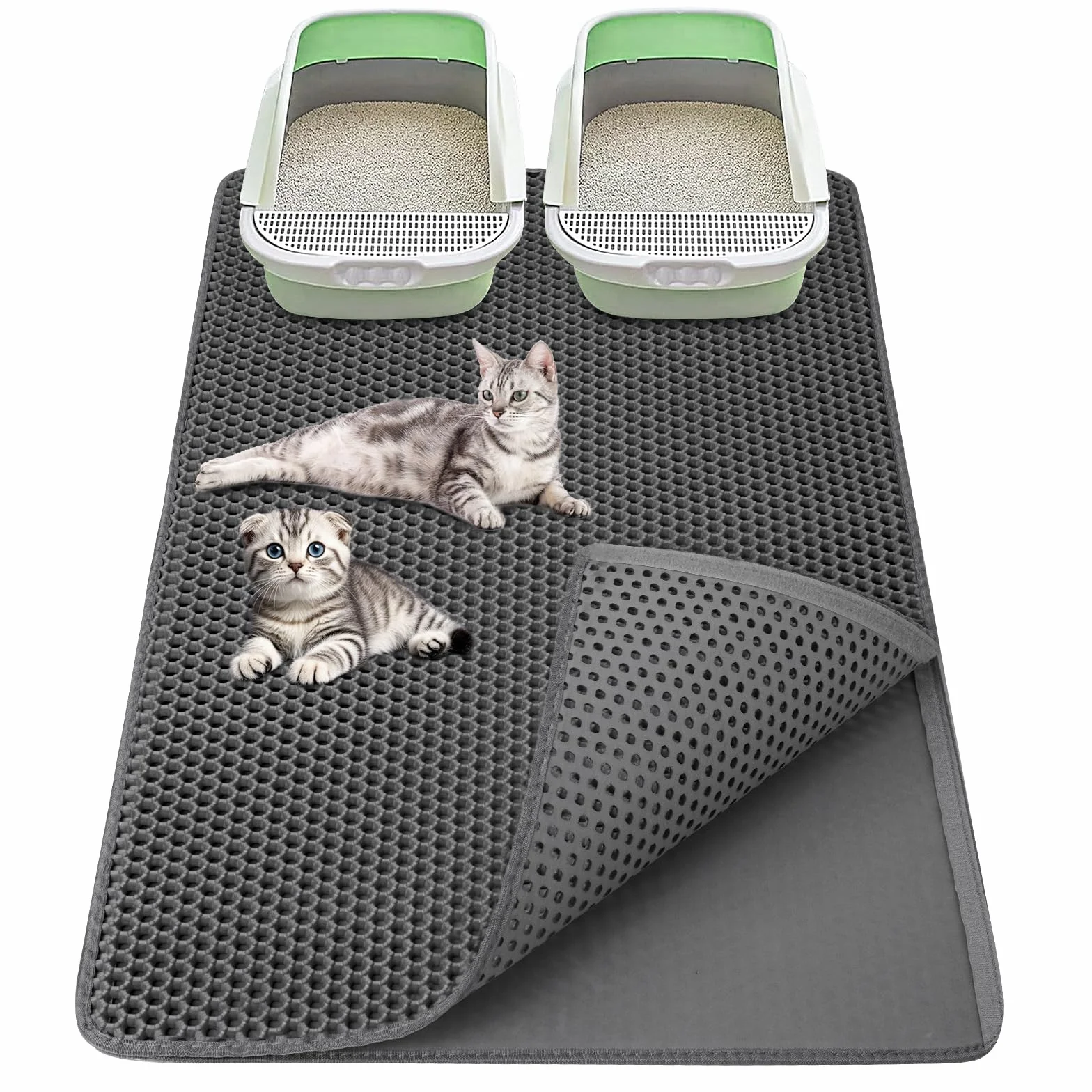 Alfombra Arenero Gato 90 x 60 cm EVA Impermeable Alfombrilla Arenero Gato, Diseño de Doble Capa en Forma de Panal Alfombra Arena Gatos, Gris