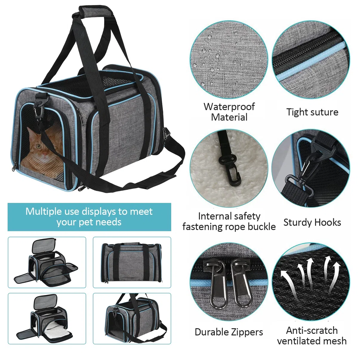 Transportín Gato Perro Extensible，Bolsa de Transporte para Mascotas Plegable Transpirable，con Colchón Suave y Hebilla de Seguridad para Coche Avión Viaje Tren-Gris