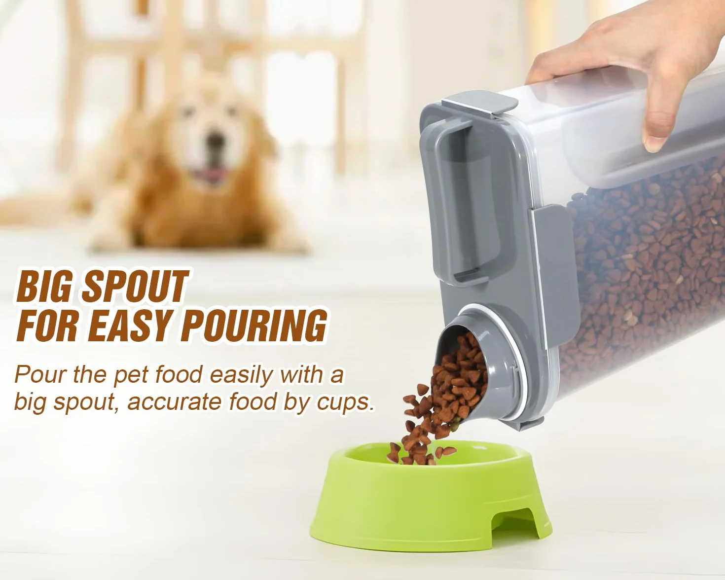 TBMax Contenedor de almacenamiento de alimentos para gatos de 5 litros con tapa, recipiente portátil para alimentos para mascotas con boquilla grande y taza medidora, recipiente hermético para