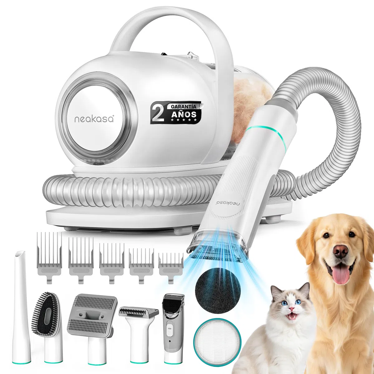 Neakasa Cortapelos Perros y Gatos con aspirador pelos mascotas, 99% Succión de Pelo, Maquina cortar pelo Silenciosa, 5 herramientas de belleza - cepillos para gatos y perros