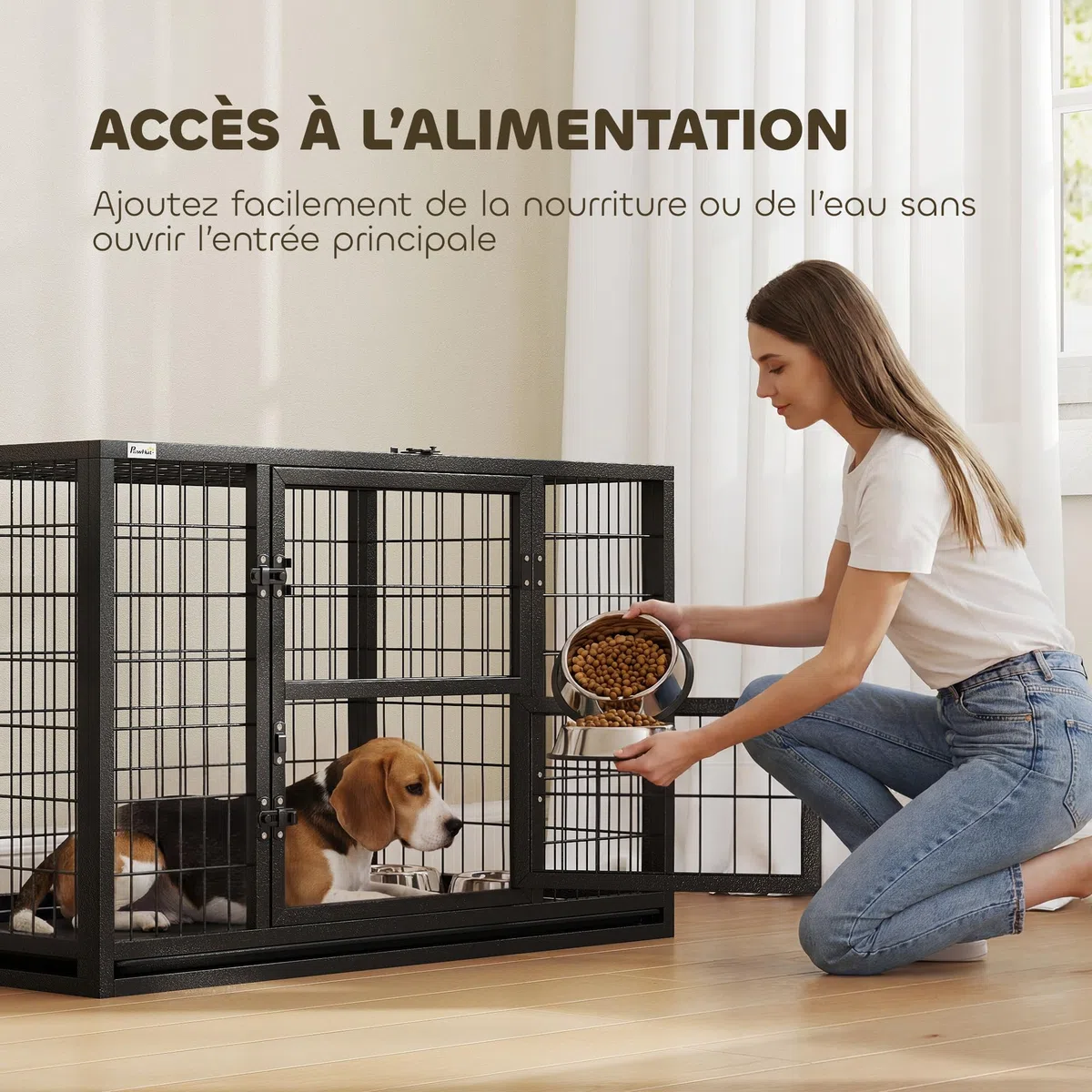 PawHut - Jaula para perro resistente de acero con tubos cuadrados, para interior con techo corredizo y puerta de alimentación, jaula de metal, 94 x 60 x 64 cm, para border Collie y perro mediano
