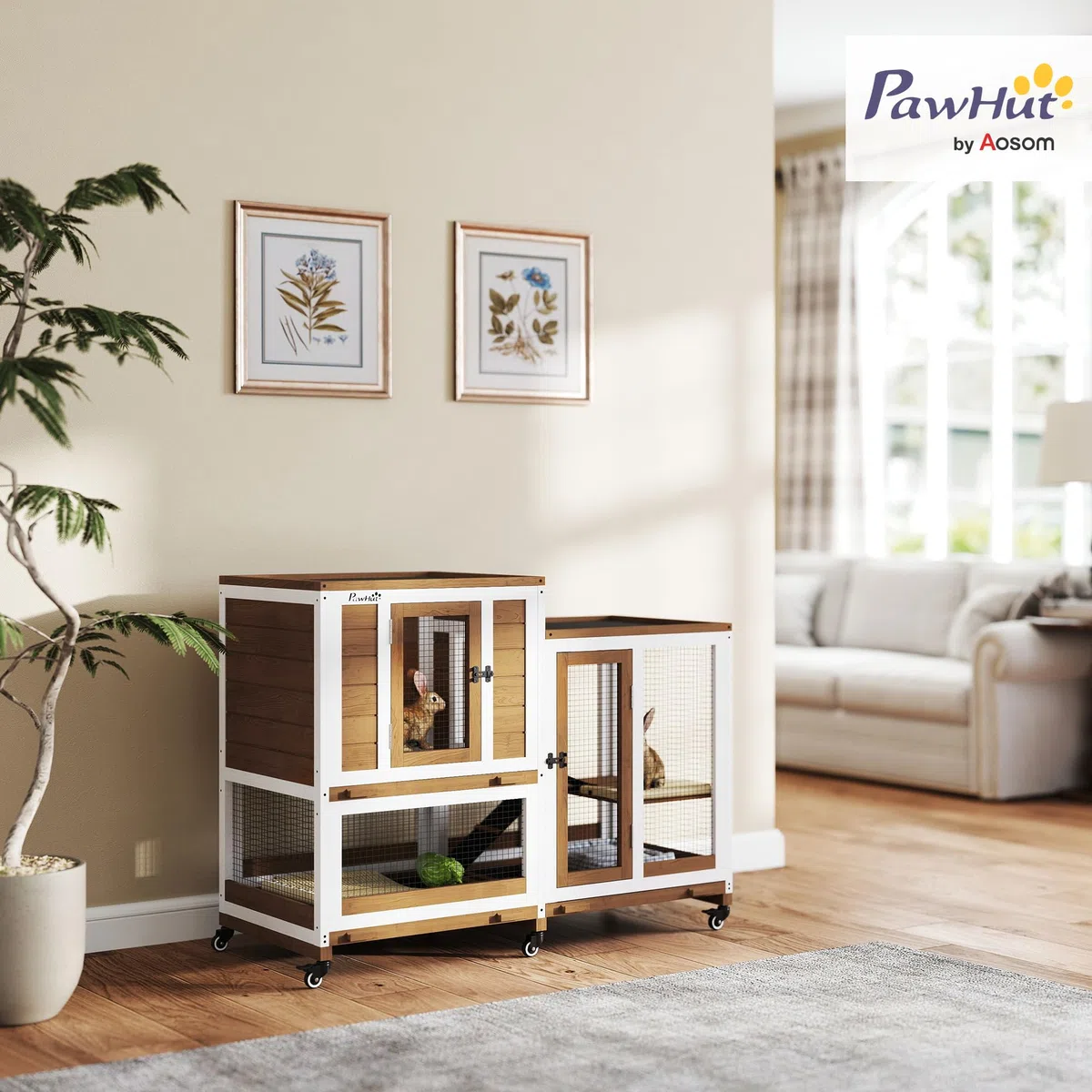 PawHut Conejera de Madera de 2 Niveles Jaula para Conejos con 6 Ruedas 2 Escaleras 3 Bandejas Extraíbles Puertas con Cerraduras y Zona Abierta Conejera para Interior 110x50x86 cm Marrón