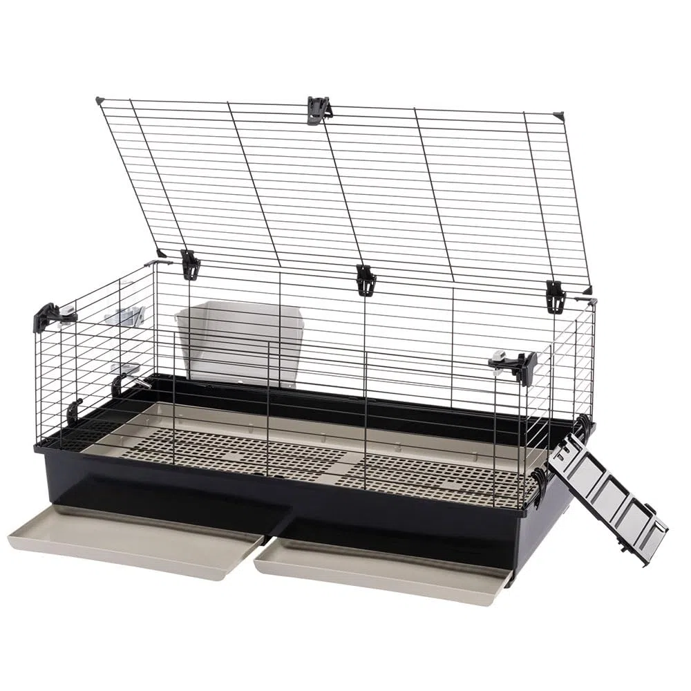Ferplast Jaula Conejos TOMMY 100 - Espaciosa, Techo Abatible, Puerta-Escalera, Fácil Limpieza con Rejilla Higiénica - Accesorios Incluidos, Conectable a Metrò - 99.5 x 53 x h 48 cm
