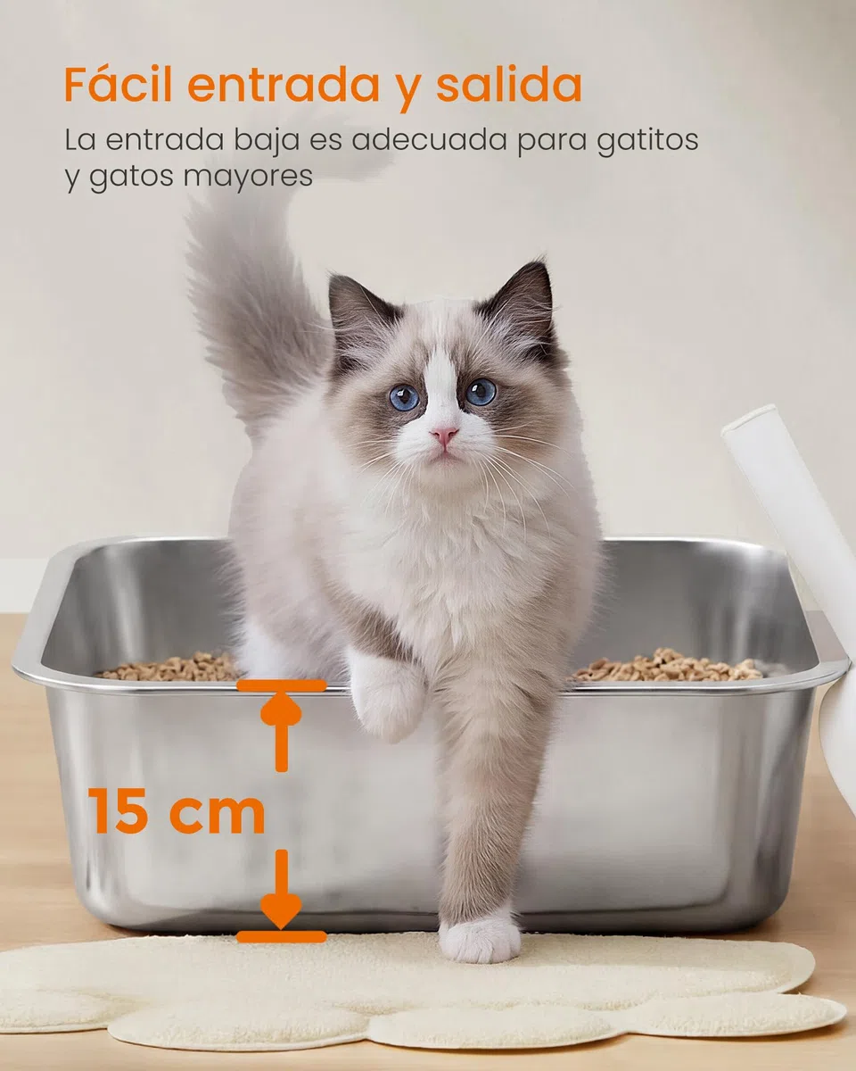 Feandrea Bandeja Sanitaria para Gatos de Acero Inoxidable, Arenero Abierto con Pala, 60 x 40 x 15 cm, para Gatos Grandes, Plateado PPT019E101
