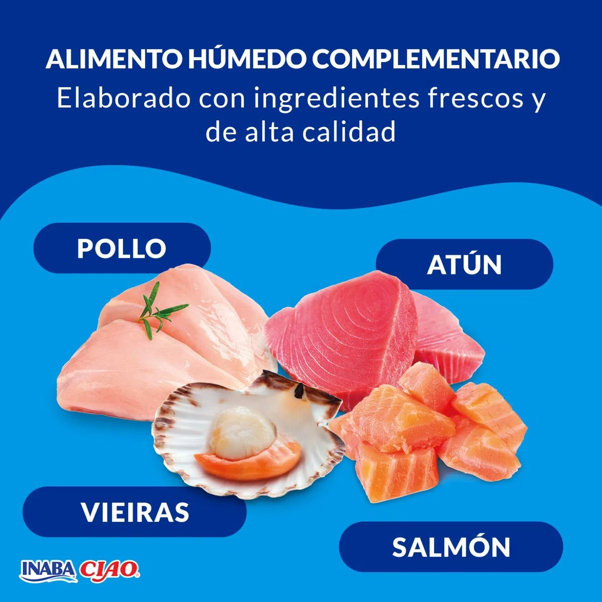 INABA Ciao Stew Gatos - Receta Saludable de Estofado Cremoso con Pollo, Atún y Salmón - Comida Húmeda con Tiras de Pollo - Alimento Natural sin Cereales - 960g (24 Sobres x 40g)