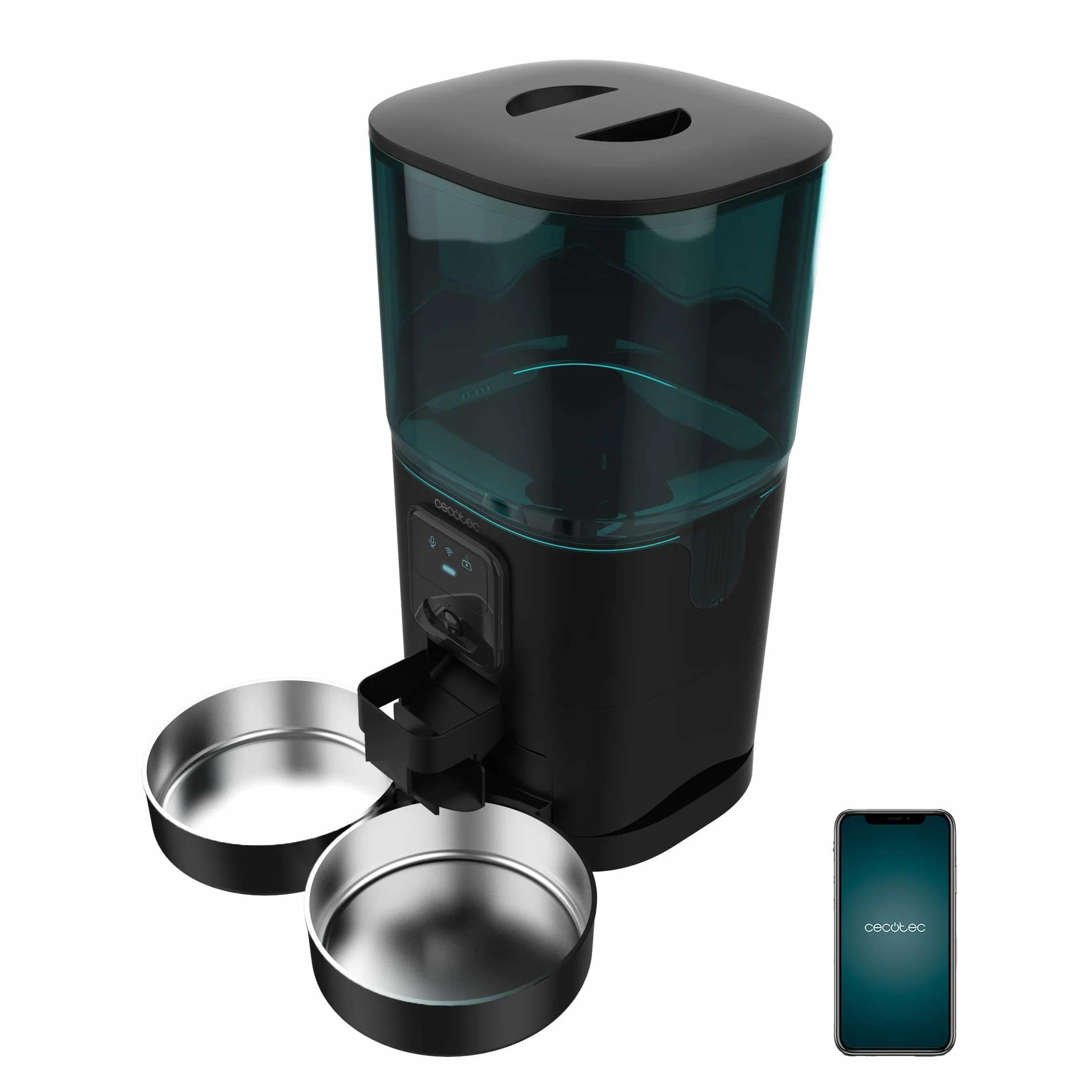 Cecotec Comedero Dispensador Automático para Mascotas con Control WiFi, Cámara y Grabadora de Voz Pumba 8600 Double Meal Vision. 7L, Programable, Control de Porciones, Doble Bowl de Acero INOX, App