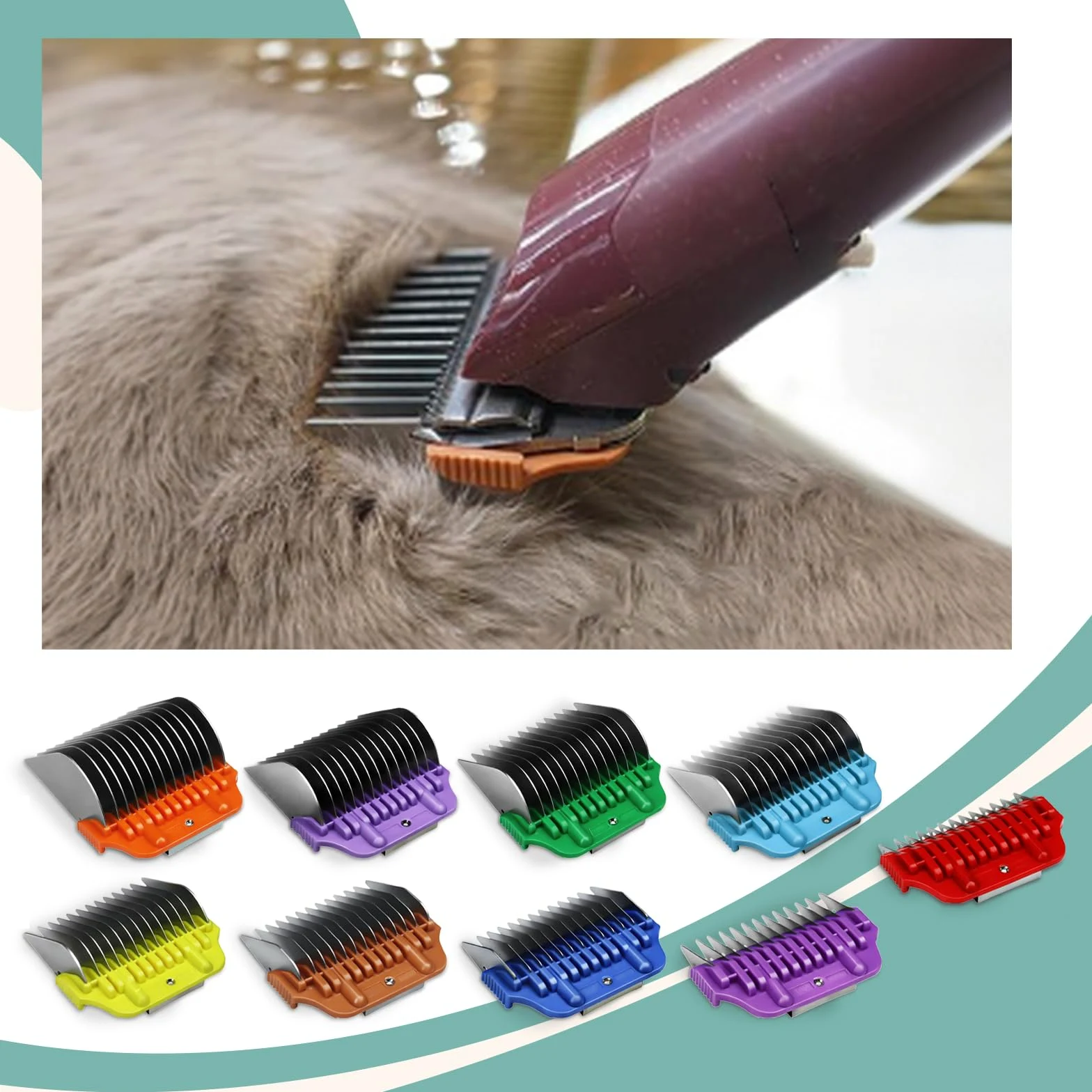 Juego de 9 peines Protectores de Acero Inoxidable Ancho para cortadora de Pelo de Mascotas, Compatible con Serie A5 | Peines con Clip, Solo Apto para Cuchillas Anchas 10W/15W/30W.
