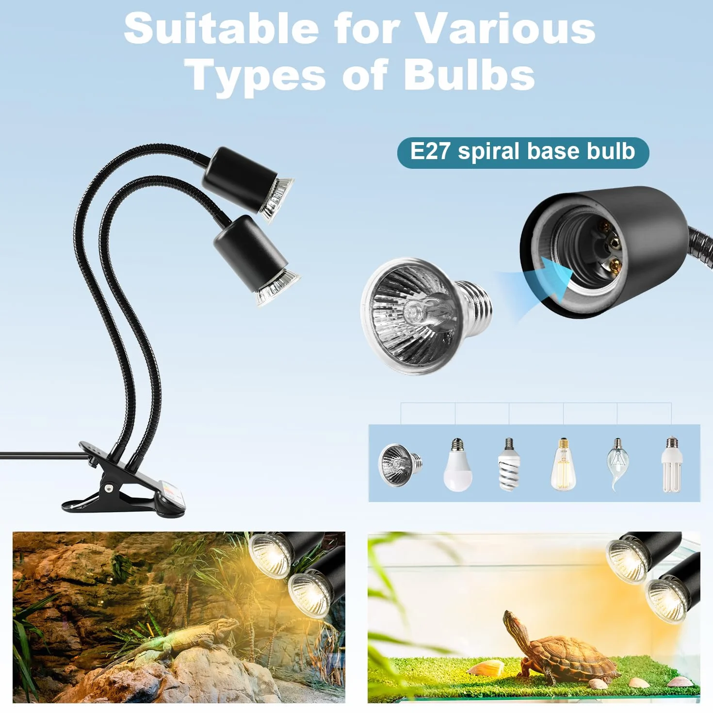 Lámpara para Tortuga de Dos Cabezas, 25W+50W Lámpara de Calor de Reptil E27, UVA+UVB Tortugas de Agua con 2 Bombillas para Lagarto, Tortuga, Serpiente, Camaleón, etc.(Negro)