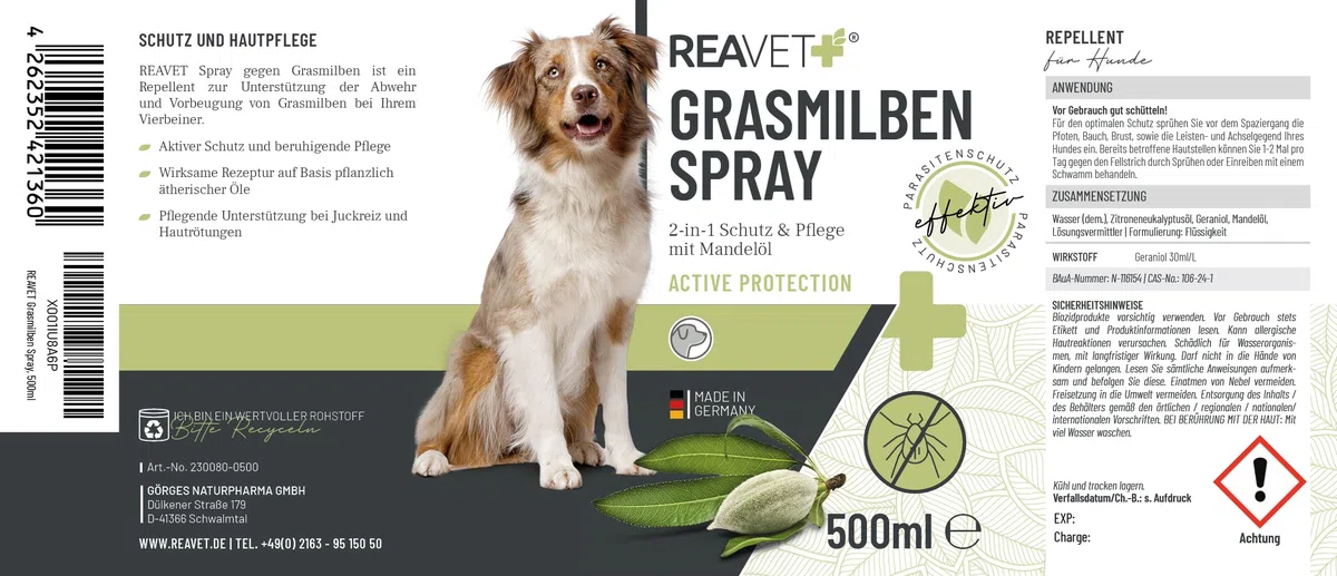 ReaVET Spray de ácaros de hierba para perros 500 ml – Protección, defensa y cuidado de los ácaros de la hierba, spray antiácaros, protección inmediata contra ácaros de hierba y parásitos, calma la