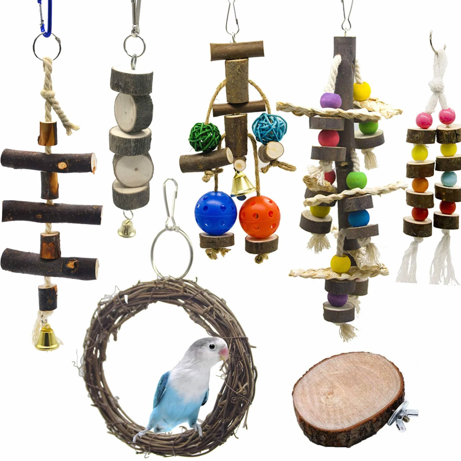 Juguetes de Ave Colorida para Masticar, 7 Piezas Pájaro Columpio de Juguetes, percada de Madera y Escalera, Colgar Juguetes de Jaula de Pájaro para Periquito Cockatiel Conure Guacamayo