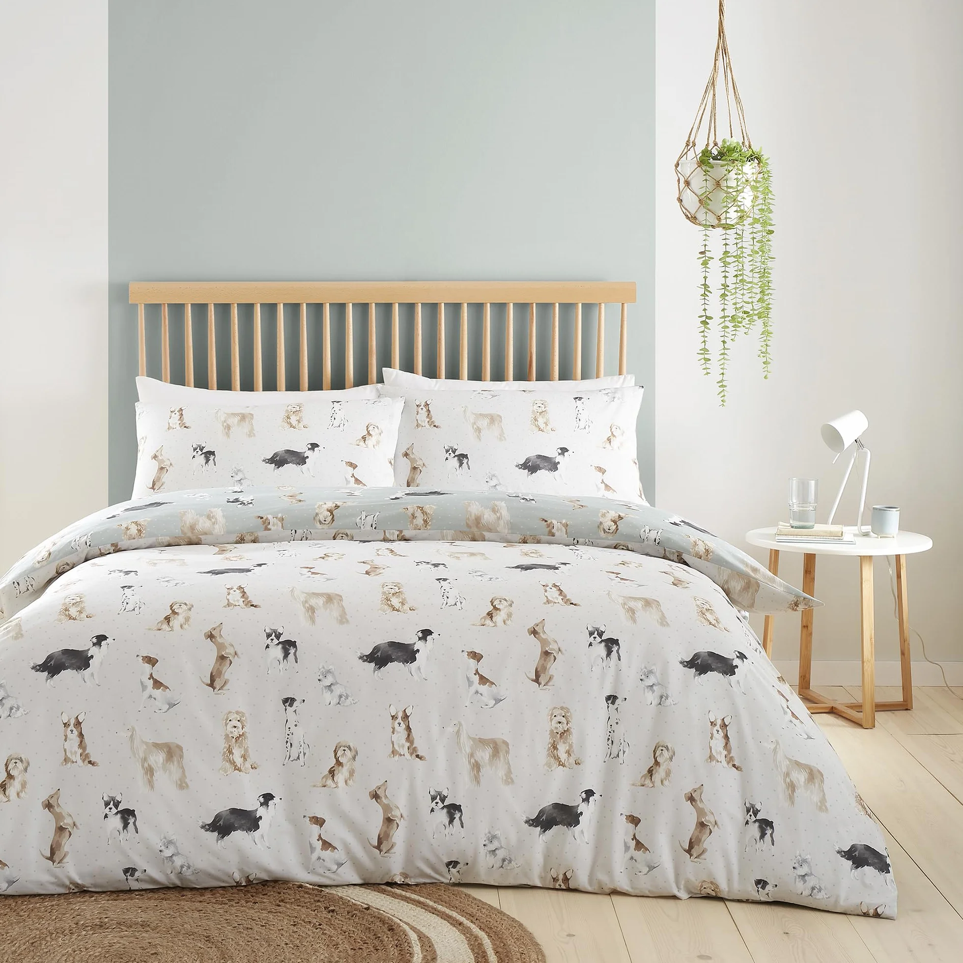 Fusion - Funda de edredón de Perro Azul Huevo de Pato - Tamaño de Cama Doble (200 x 200 cm) - Diseño Reversible (Beige y Azul Huevo de Pato) - Ropa de Cama con Estampado de Huellas de Perro -