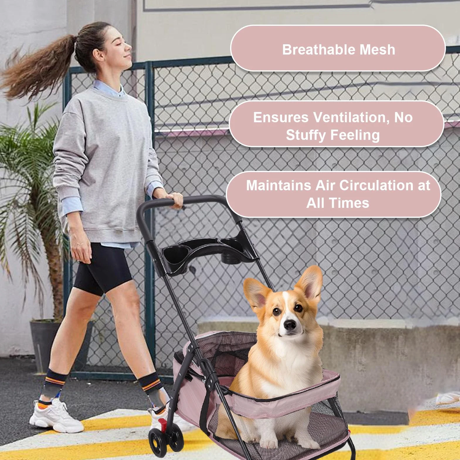 Carrito para Perros de 4 Ruedas, Joggador Plegable con Cubierta Solar, Portavasos, Almohadilla y Bolsa Trasera, Malla Transpirable