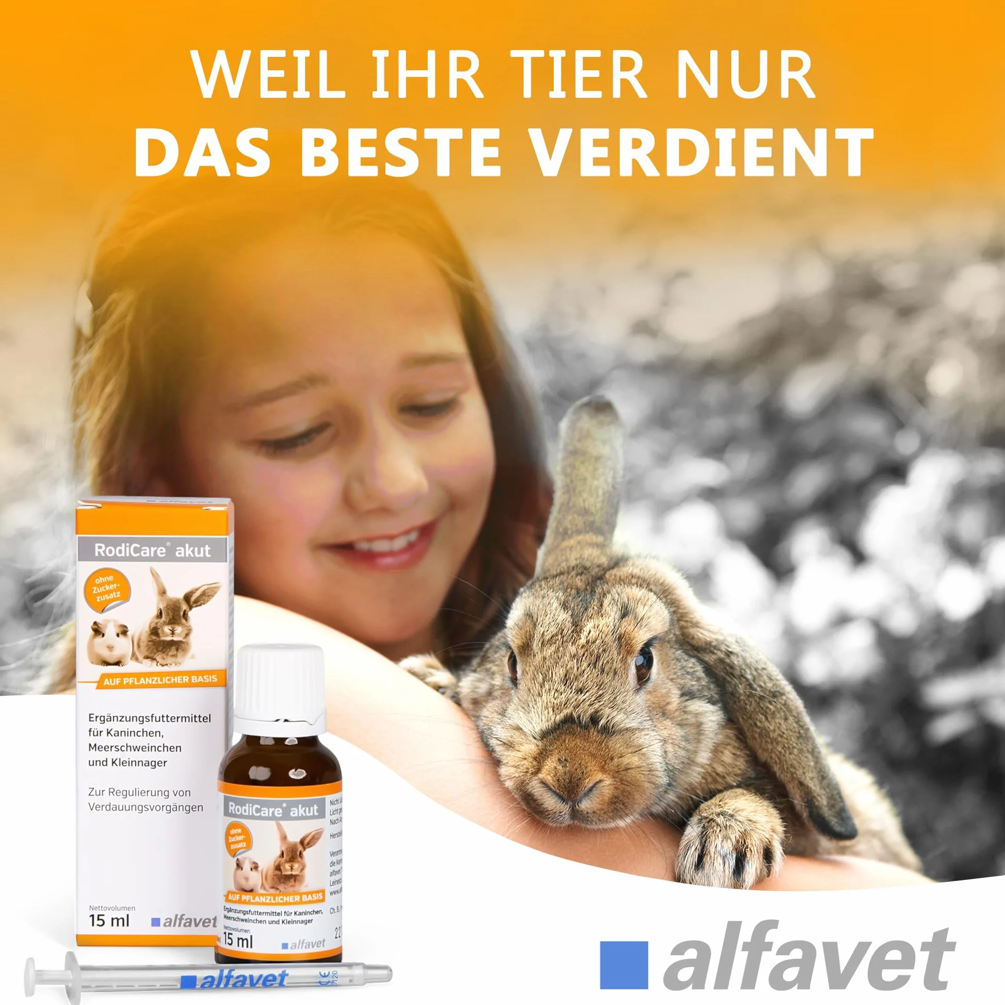 Alfavet RodiCare akut - 15 ml - Suplemento alimenticio para Regular la digestión en Conejos, cobayas y pequeños roedores - con jeringa dosificadora