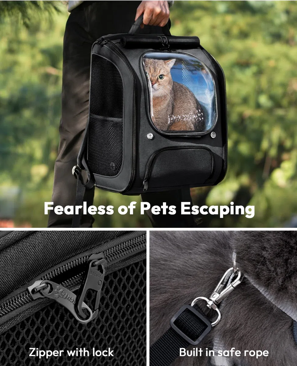 Pecute Mochila Transportadora para Gatos con Burbuja - Espacio Amplio y Estable, Visera Transpirable, Ideal para Viajes, Senderismo, Escalada, visitas al Veterinario con Mascotas, Negro