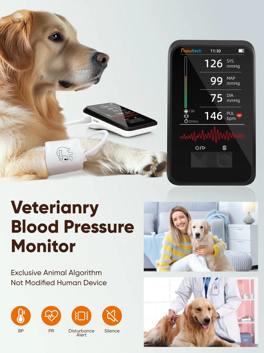 Monitor de Presión Arterial Veterinario, Máquina Digital Automática de PA para Perros y Gatos, Operación Silenciosa, Pantalla LCD de 3.5 Pulgadas y Memoria para 1000 Conjuntos de Datos