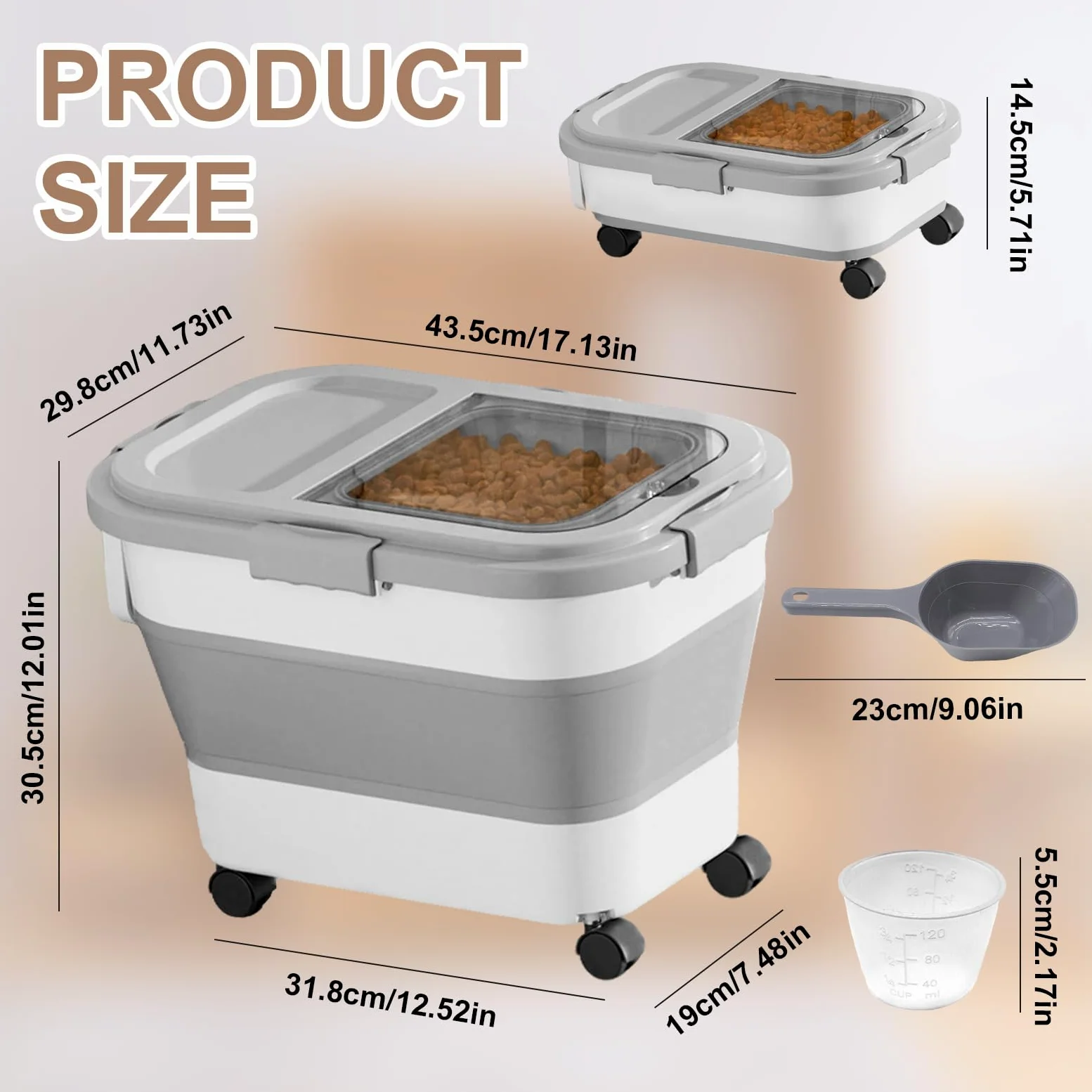 Contenedor Plegable para Alimentos de Mascotas 7-10kg, Contenedor de comida para perros, Recipiente Hermético con Ruedas, Cuchara Medidora, para Guardar Croquetas y Mantener su Frescura