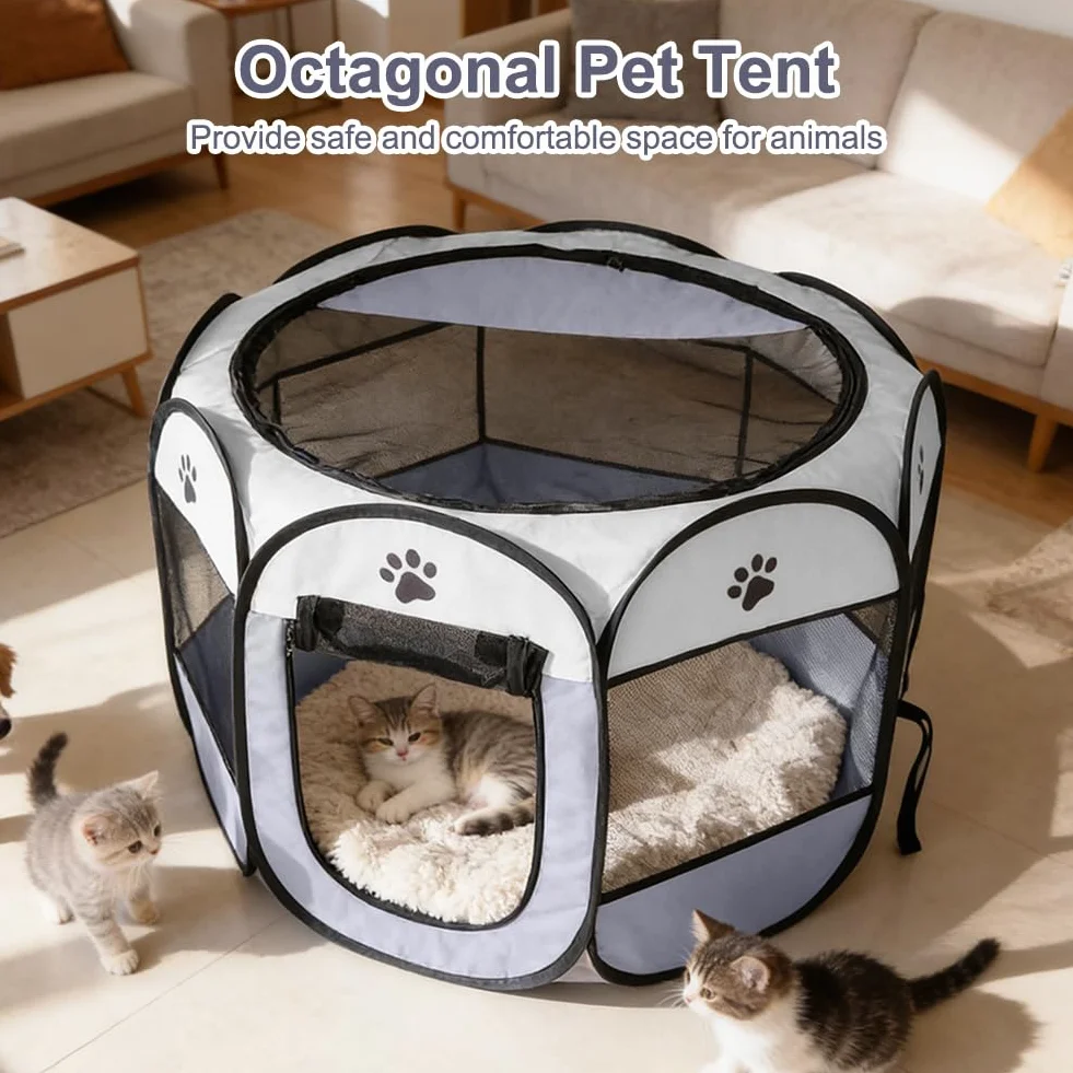 Parque plegable para mascotas 74 x 74 x 43 cm, de tejido Oxford y malla transpirable, para interior y exterior, gatos, perros, conejos y animales pequeños (garras de perro gris)