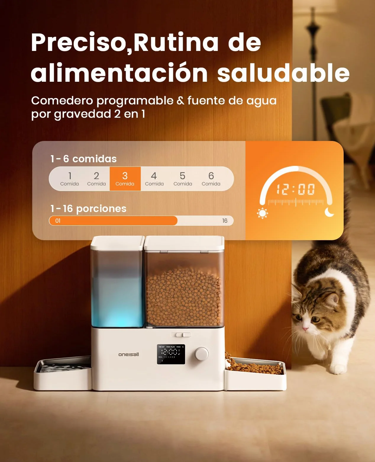 oneisall Comedero automático para Gatos y dispensador de Agua, 36 Tazas/8,5 L, 2 en 1, Agua Dulce, Gran Capacidad, dispensador de Alimentos para Gatos con Temporizador de 5L y Fuente de Agua de