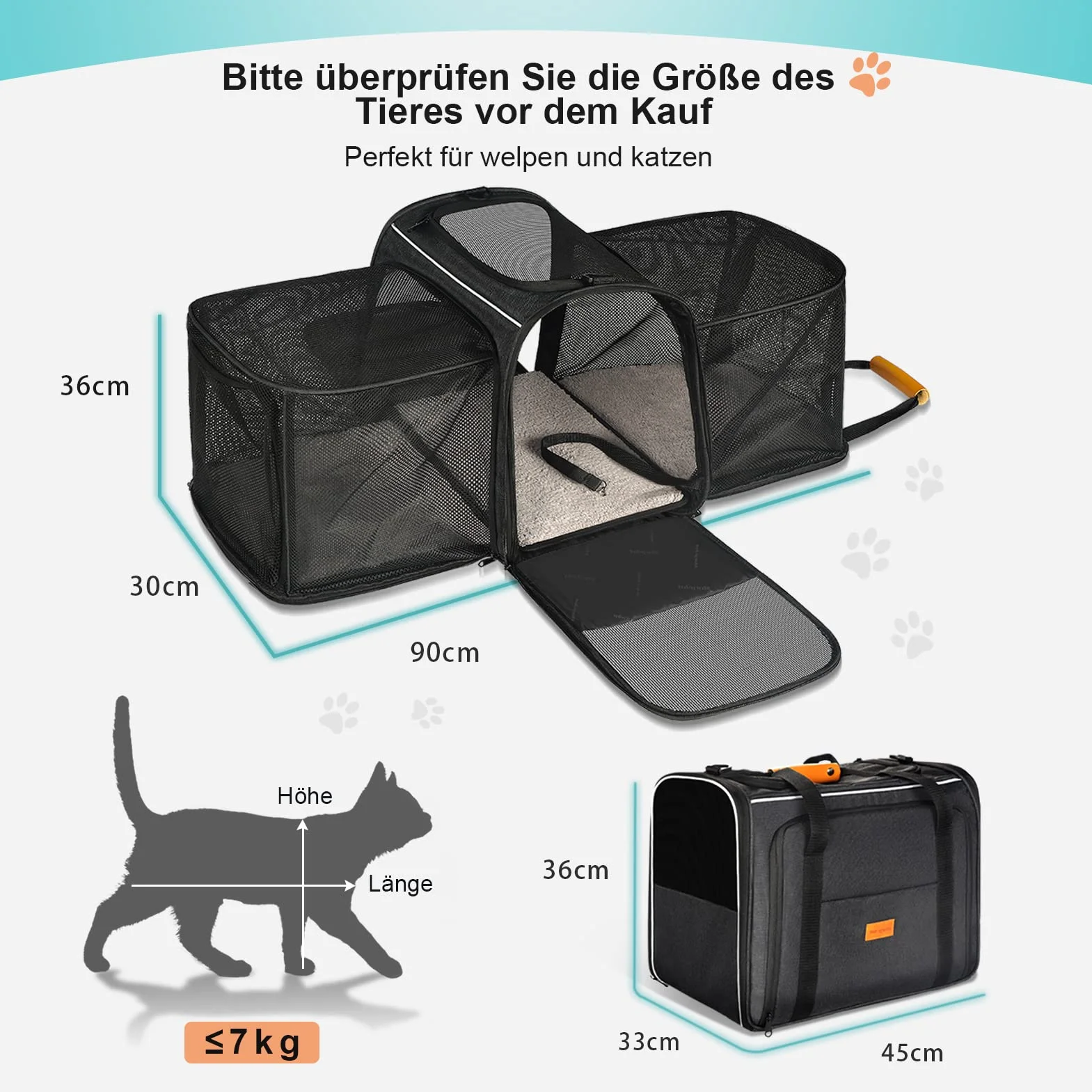 Morpilot Transportador para Gatos, Bolso expandible de 2 Lados para Gatitos y Cachorros de hasta 7 kg, Bolso Plegable de Viaje para Gatos Aprobado por la aerolínea con Almohadilla Lavable 45x36x30cm