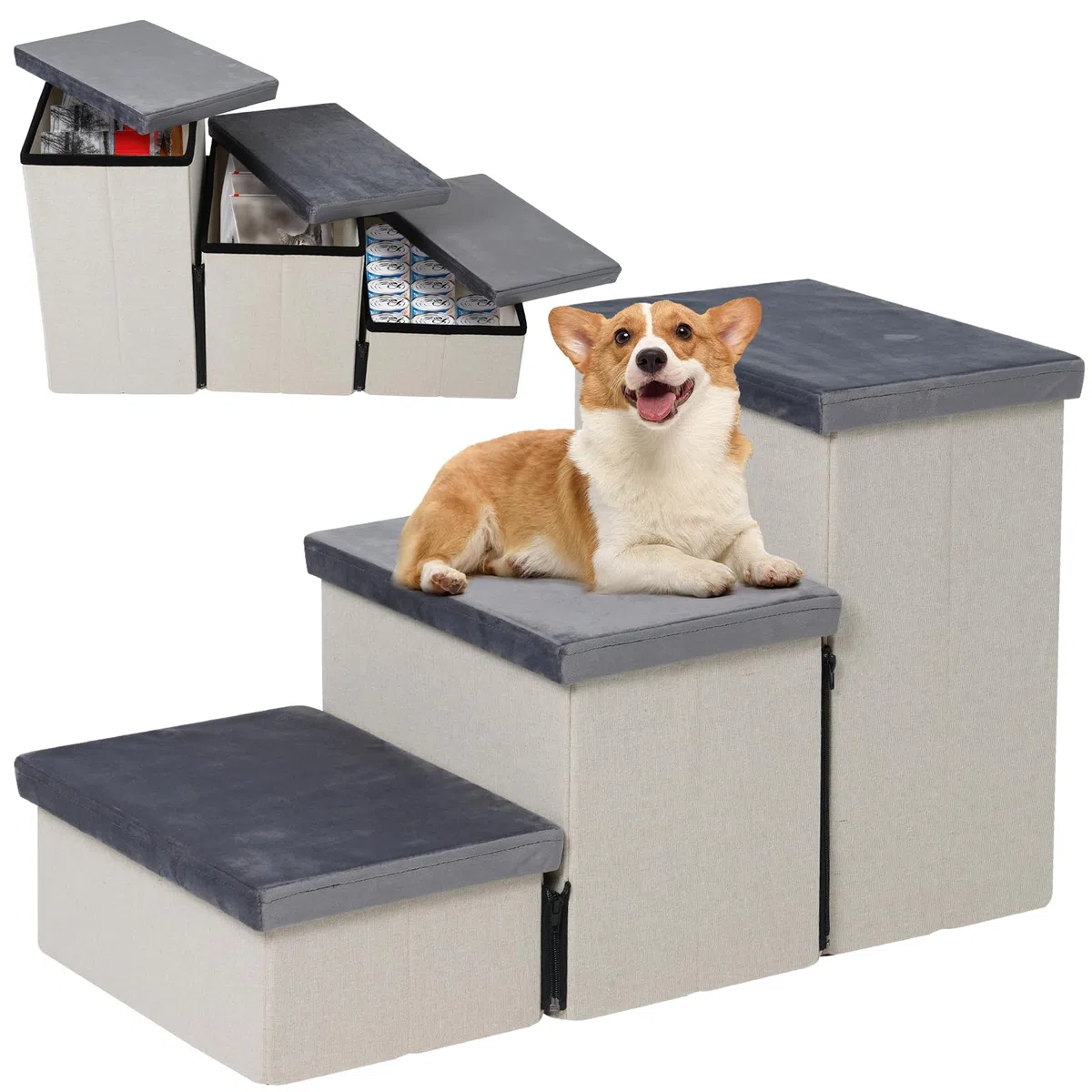 Escaleras Plegables de 3 Peldaños para Mascotas,Perros y Gatos,Escalera con Amplio Almacenamiento,Ahorra Espacio,Resistente,74x33x44 cm