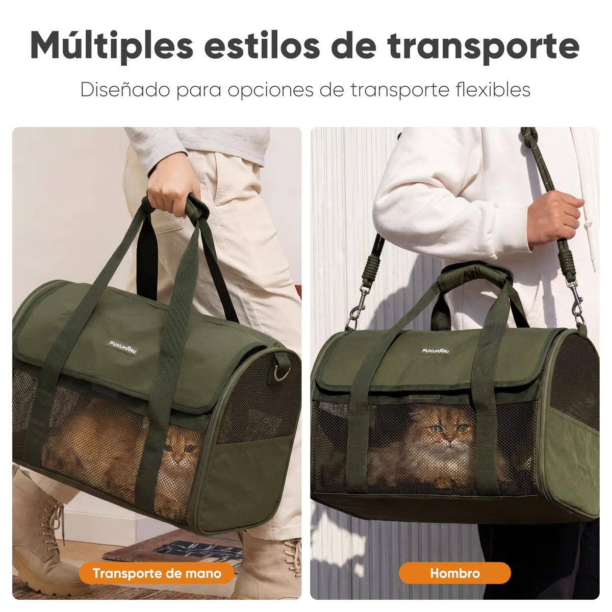 FUKUMARU transportín para Gatos y Perros, pequeño, Ligero y Transpirable, 46 x 28 x 28 cm, homologado para Viajar en Cabina, Plegable y Blando, con Malla antirrascado, Color Verde